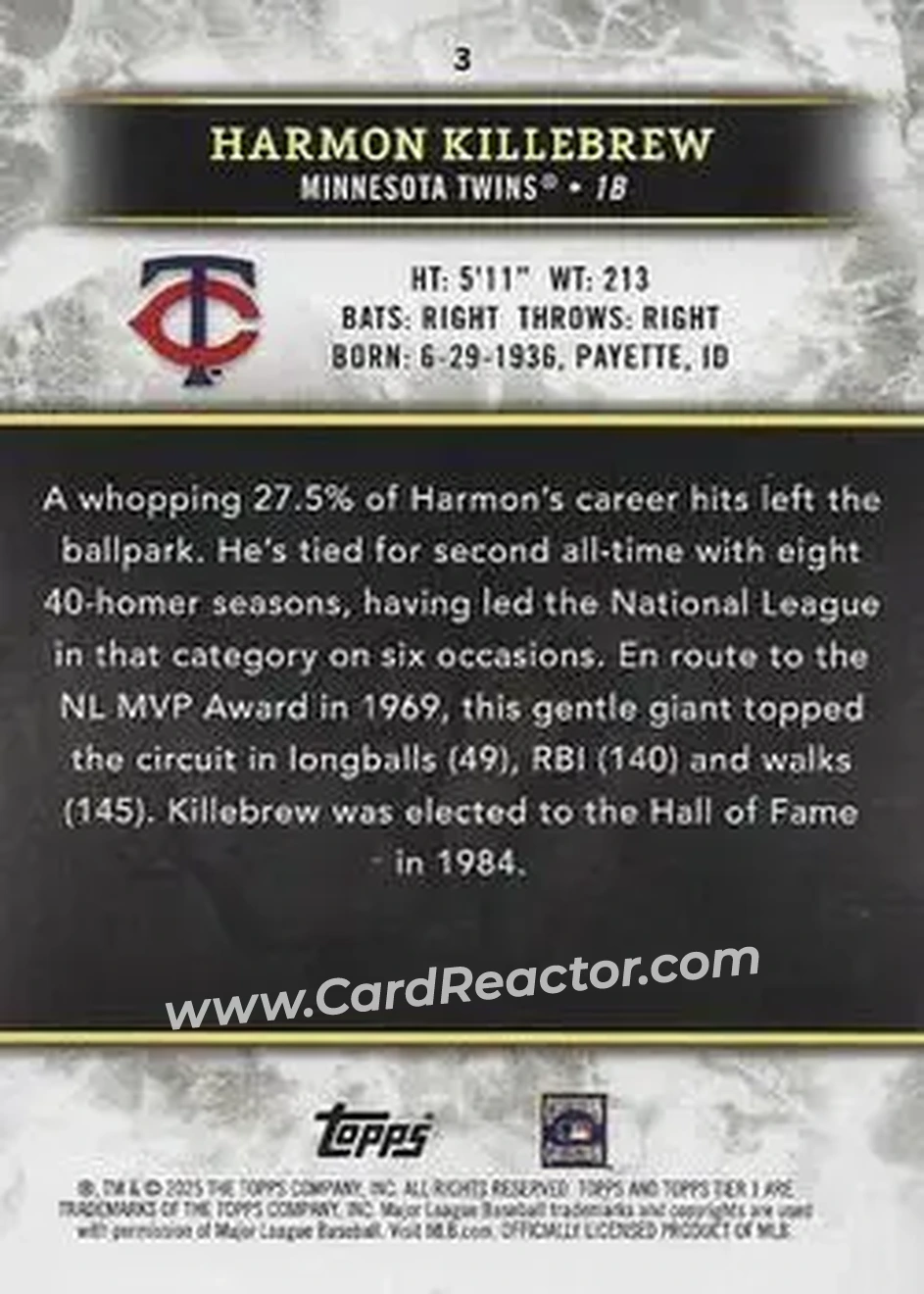 2025 Topps Tier One - Red Foil #3 - Harmon Killebrew - Minnesota Twins - Back