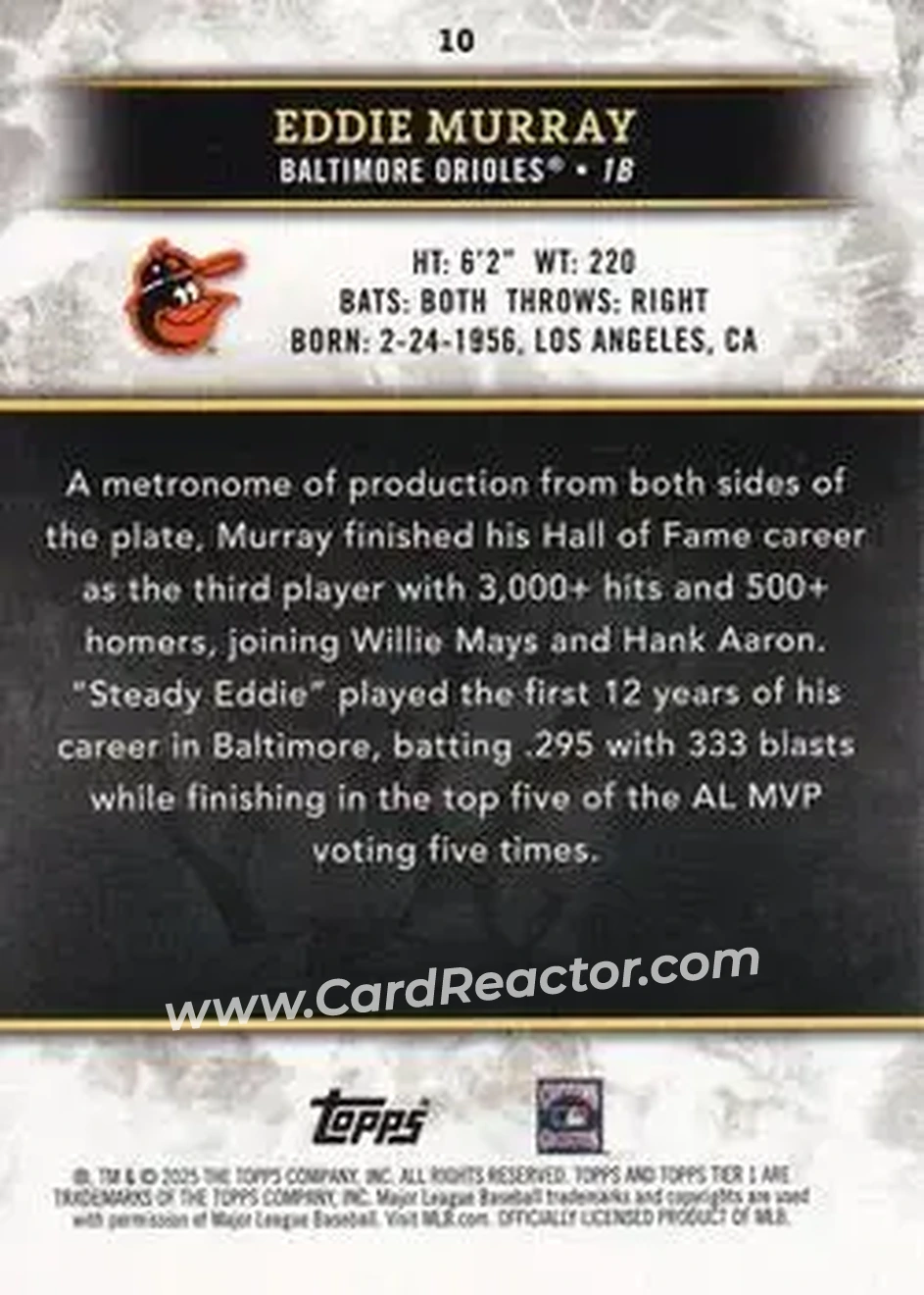 2025 Topps Tier One - Red Foil #10 - Eddie Murray - Baltimore Orioles - Back