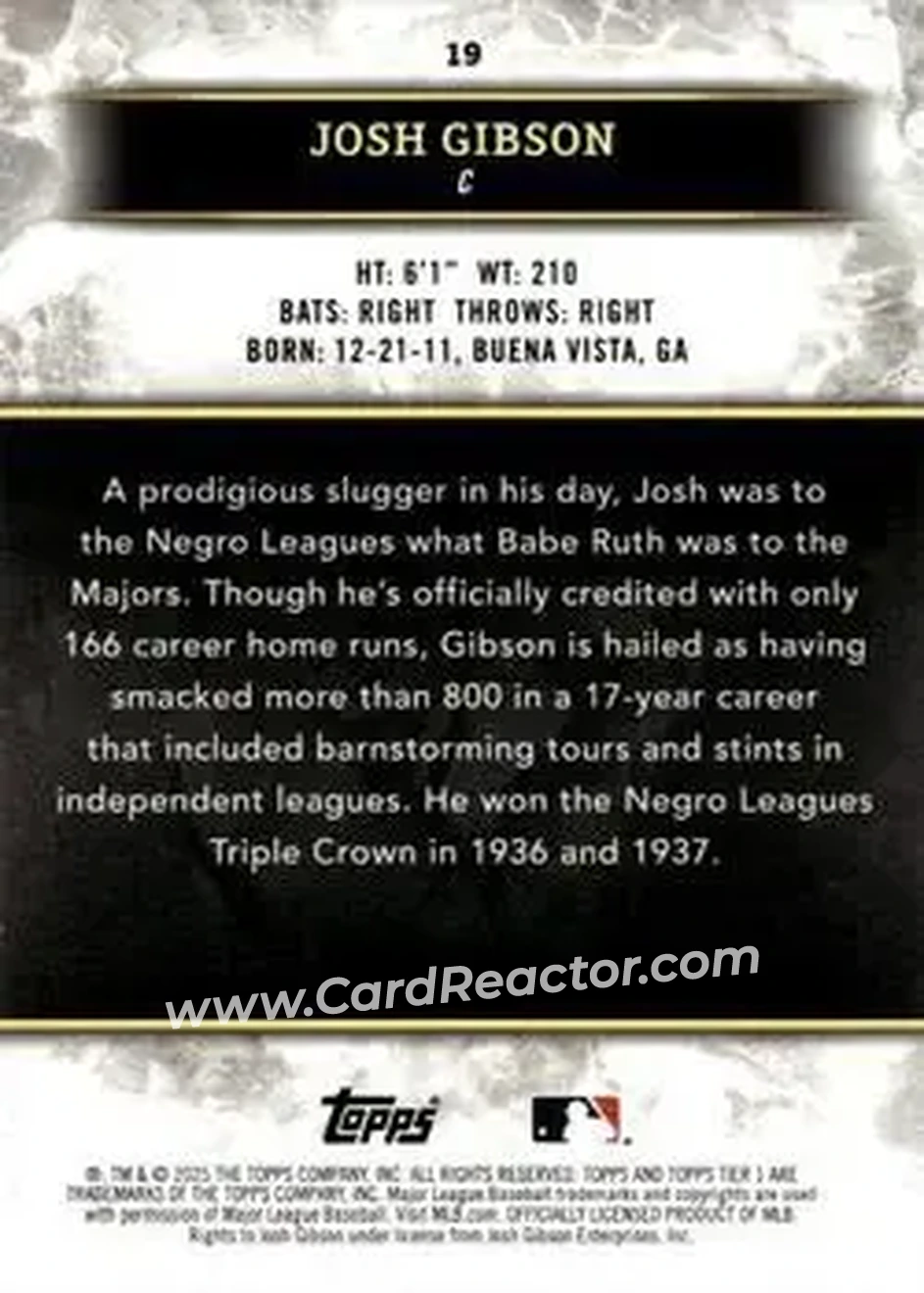 2025 Topps Tier One - Red Foil #19 - Josh Gibson - Homestead Grays - Back