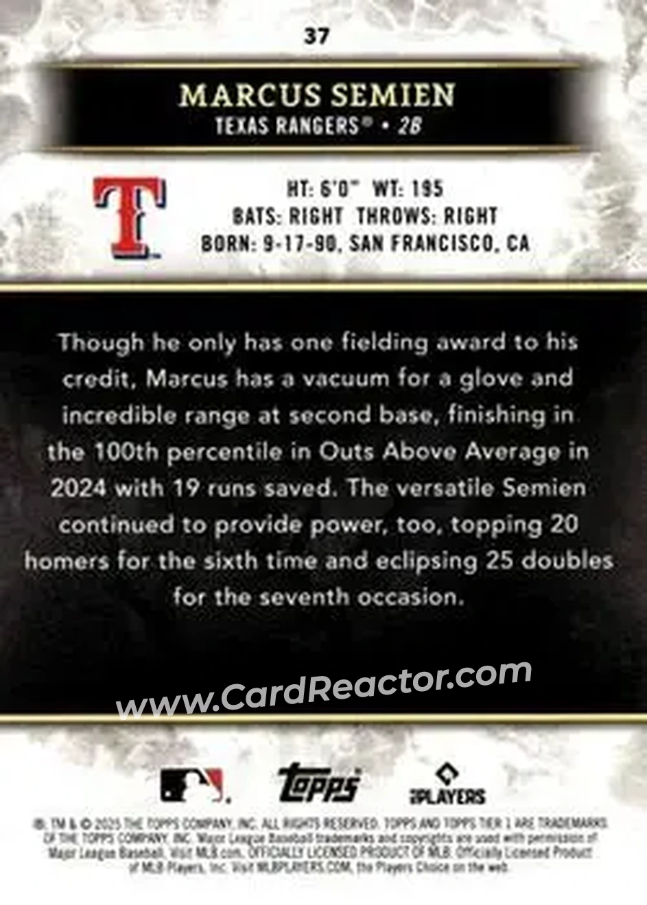 2025 Topps Tier One - Red Foil #37 - Marcus Semien - Texas Rangers - Back