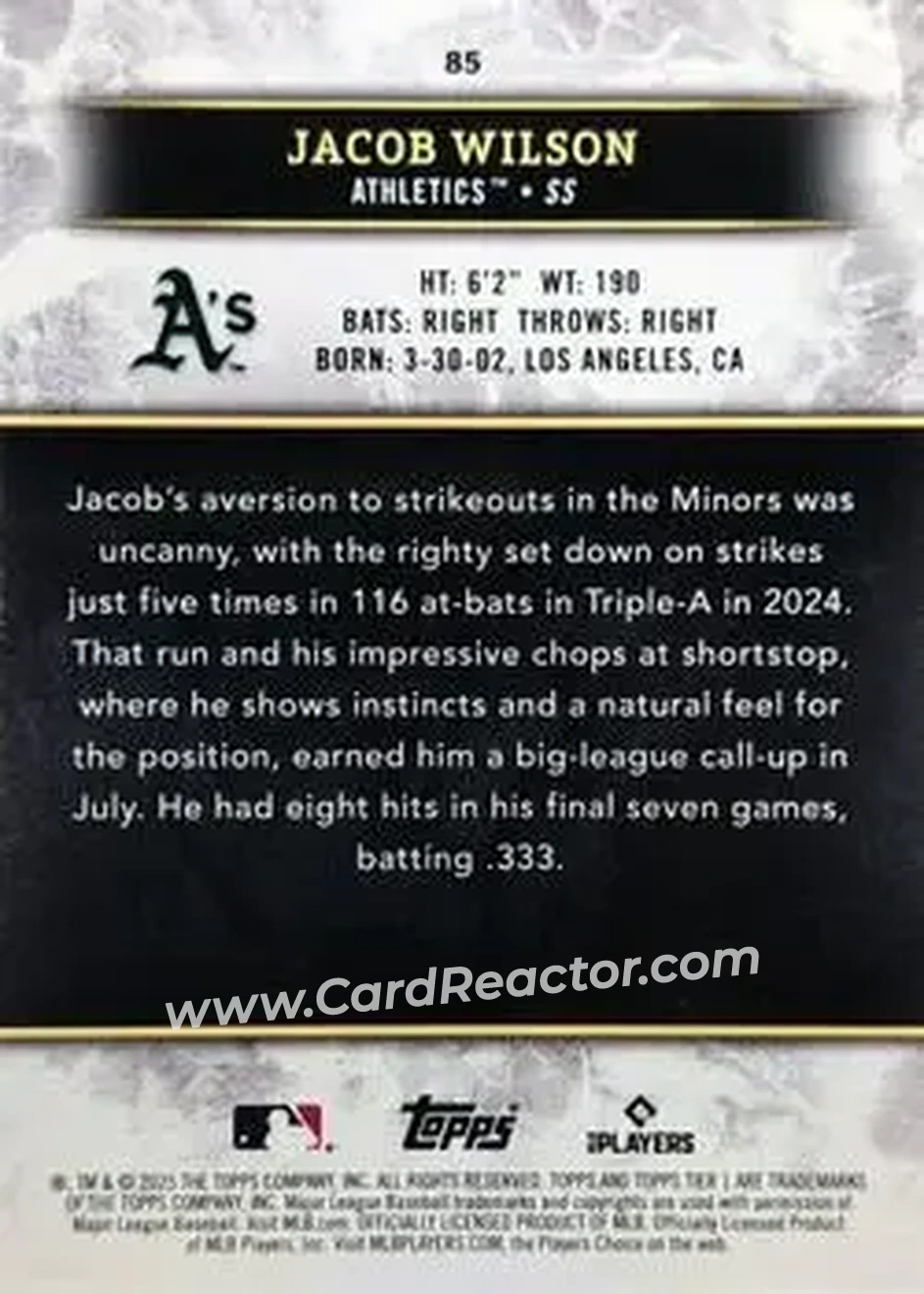 2025 Topps Tier One - Red Foil #85 - Jacob Wilson - Athletics - Back 2025 Topps Tier One - Red Foil #85 - Jacob Wilson - Athletics - Back