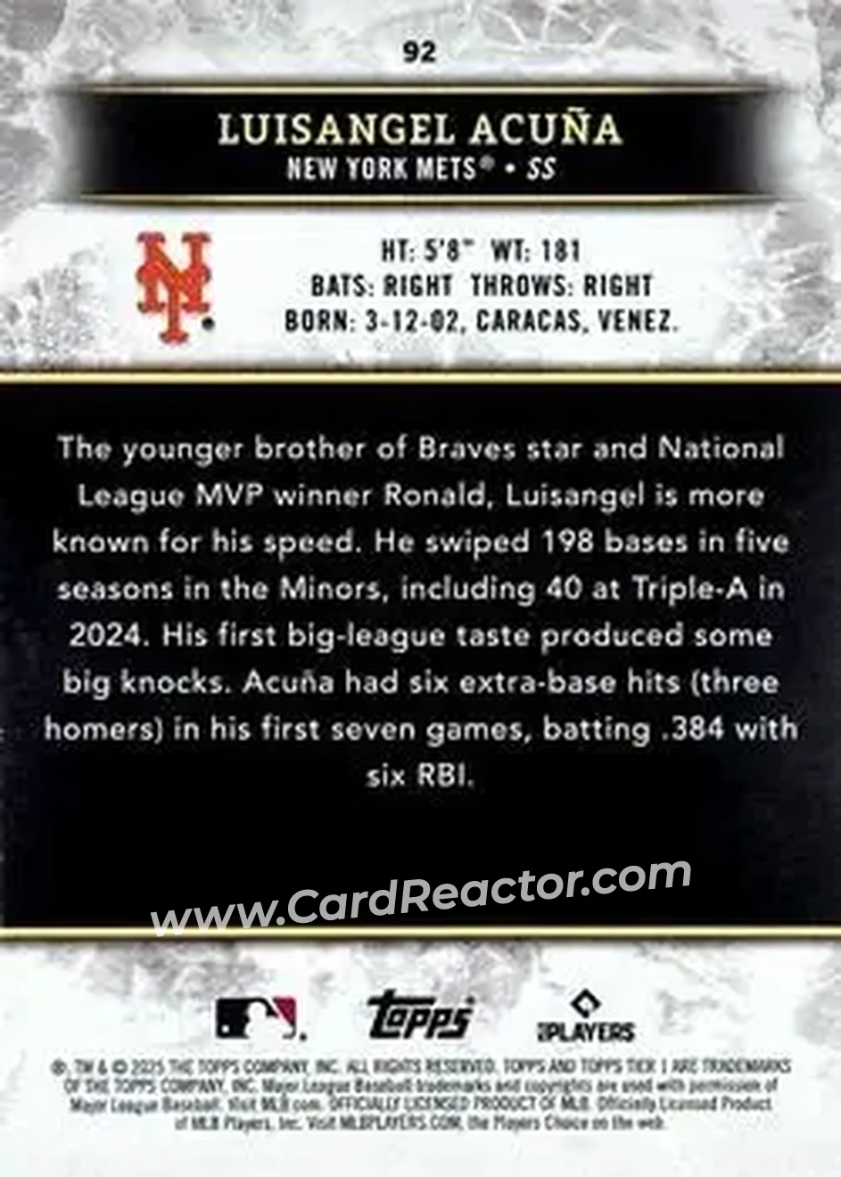 2025 Topps Tier One - Red Foil #92 - Luisangel Acuña - New York Mets - Back