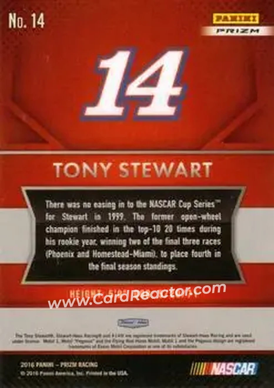 2016 Panini Prizm - Red, White & Blue Prizm #14 - Tony Stewart - Stewart-Haas Racing - Back
