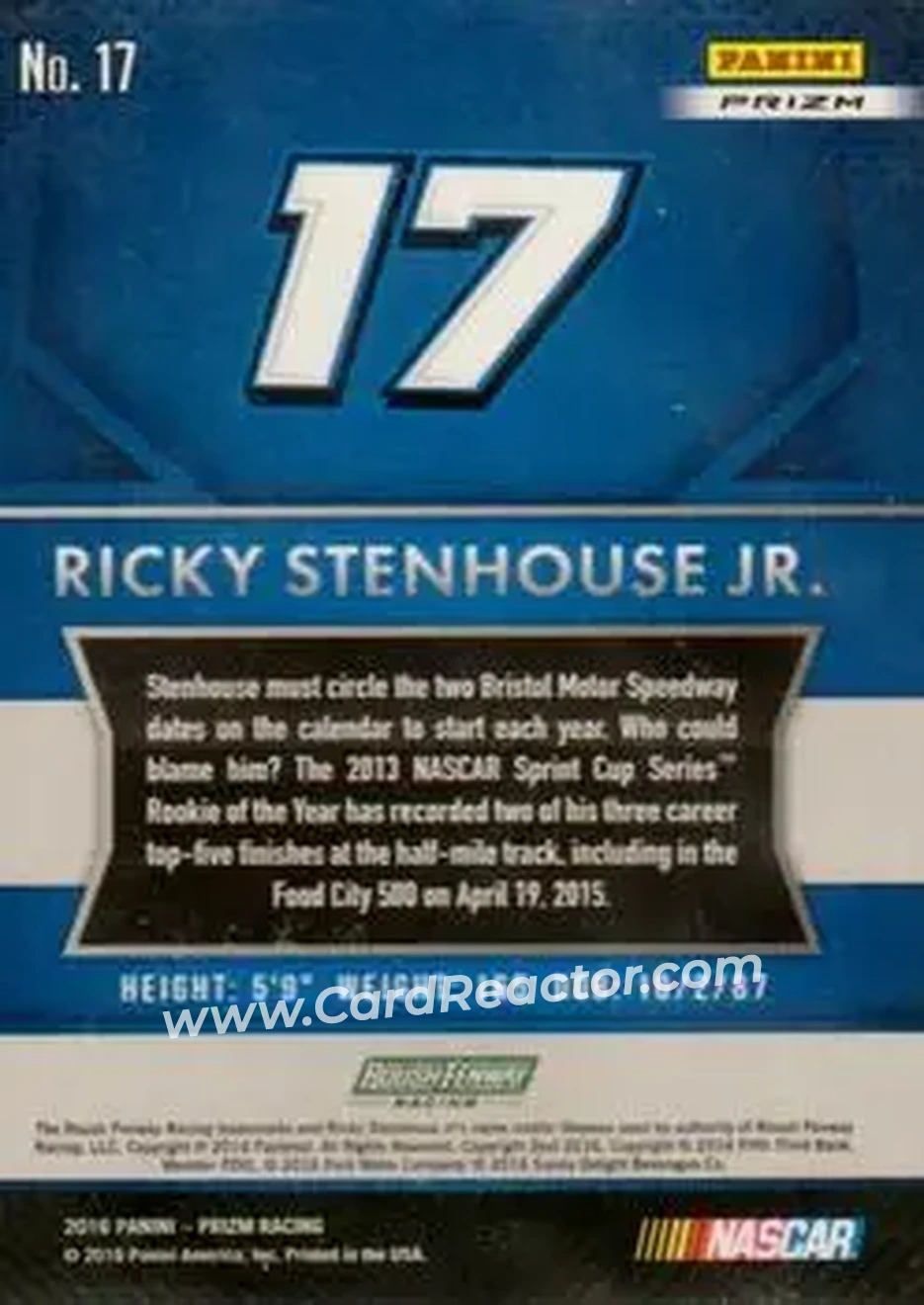 2016 Panini Prizm - Red, White & Blue Prizm #17 - Ricky Stenhouse Jr. - Roush Fenway Racing - Back