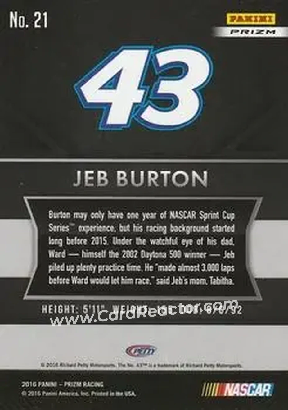 2016 Panini Prizm - Red, White & Blue Prizm #21 - Jeb Burton - Richard Petty Motorsports - Back 2016 Panini Prizm - Red, White & Blue Prizm #21 - Jeb Burton - Richard Petty Motorsports - Back