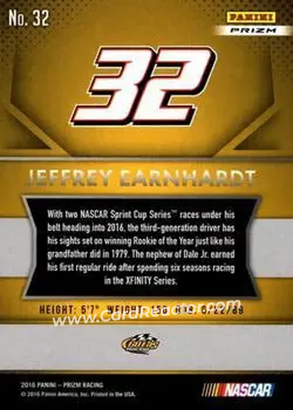 2016 Panini Prizm - Red, White & Blue Prizm #32 - Jeffrey Earnhardt - Go Fas Racing - Back 2016 Panini Prizm - Red, White & Blue Prizm #32 - Jeffrey Earnhardt - Go Fas Racing - Back