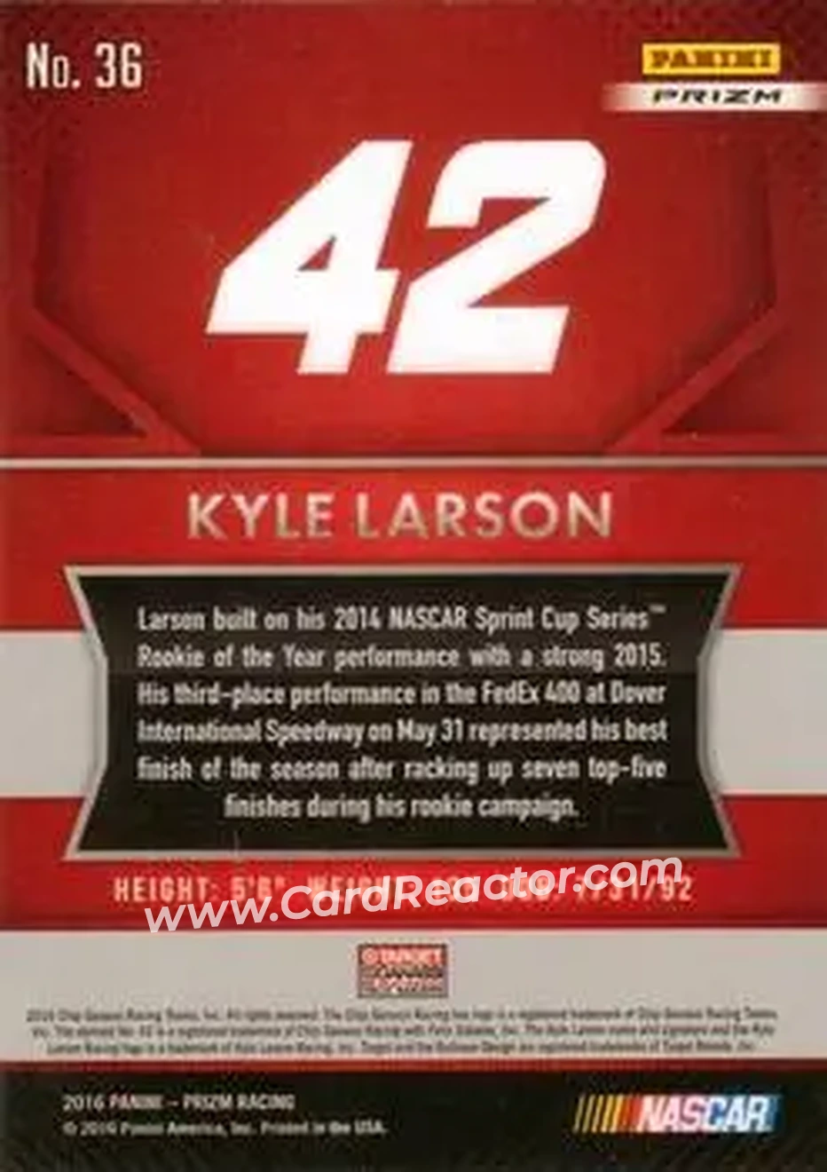2016 Panini Prizm - Red, White & Blue Prizm #36 - Kyle Larson - Chip Ganassi Racing with Felix Sabates - Back 2016 Panini Prizm - Red, White & Blue Prizm #36 - Kyle Larson - Chip Ganassi Racing with Felix Sabates - Back