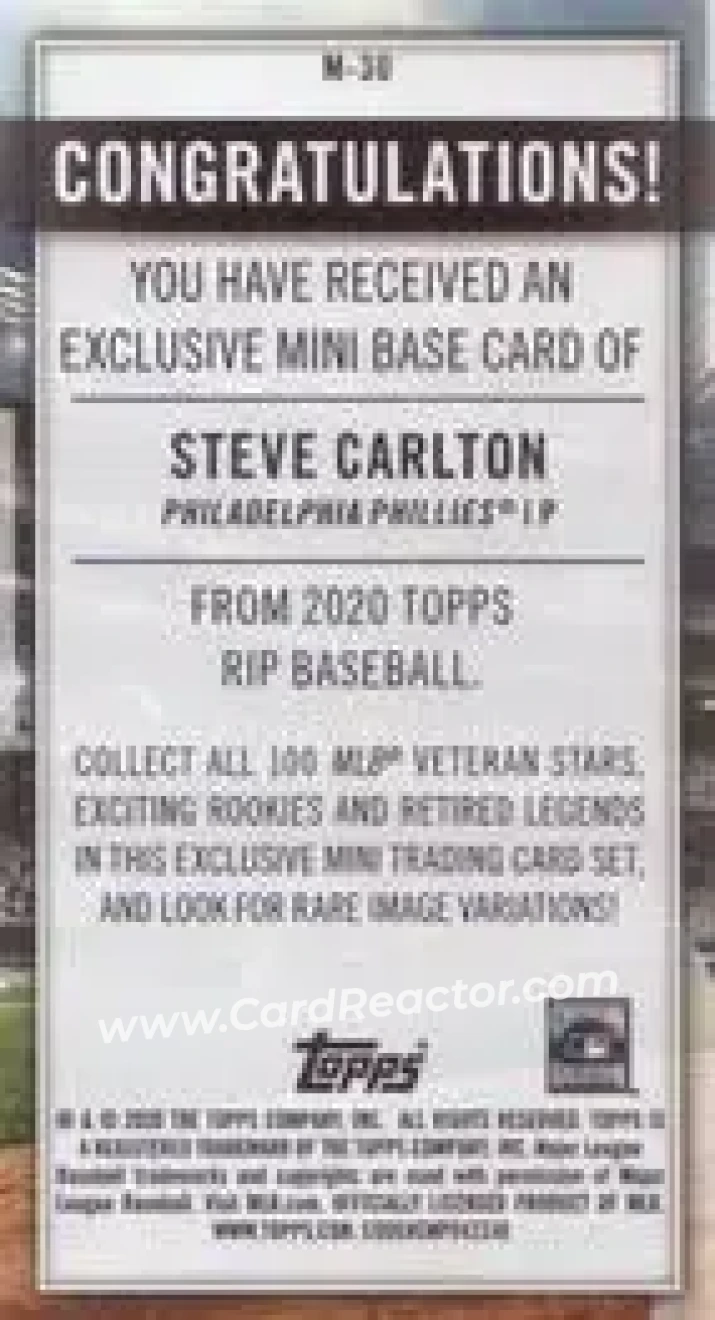 2020 Topps Rip - Mini Cards Green #M-30 - Steve Carlton - Philadelphia Phillies - Back