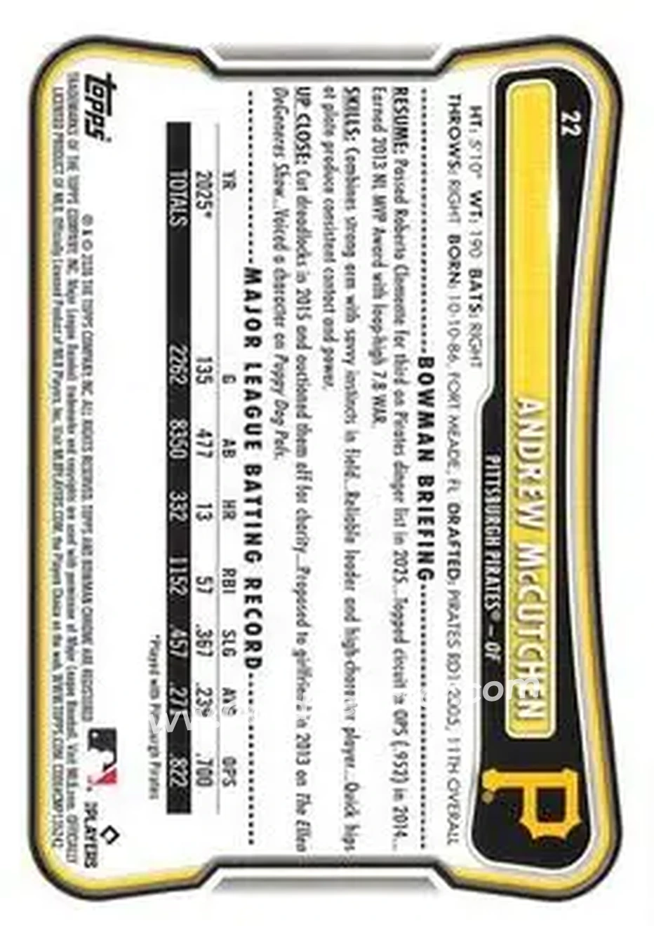 2026 Bowman - Purple #22 - Andrew McCutchen - Pittsburgh Pirates - Back