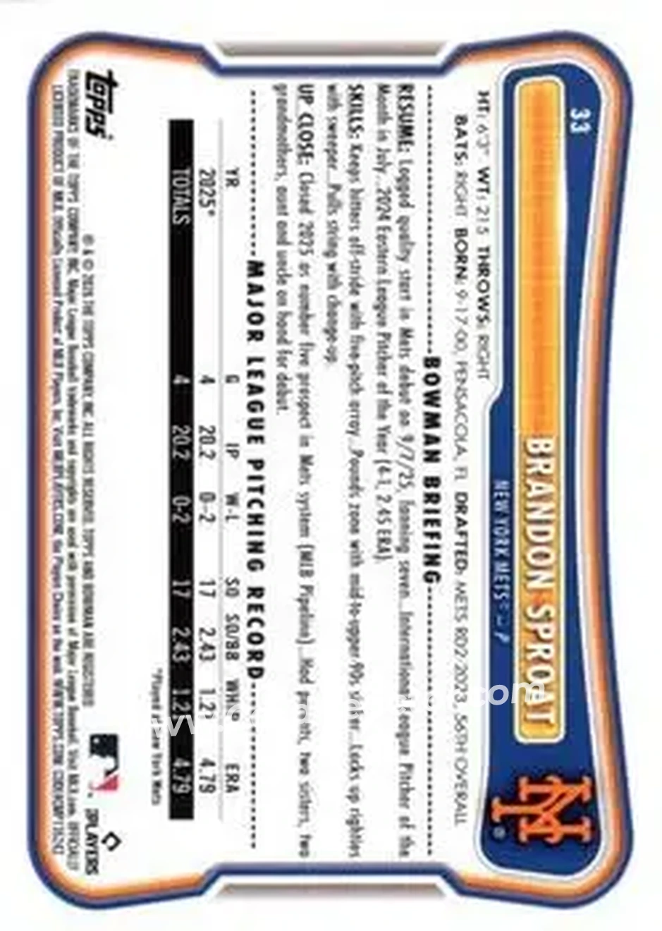 2026 Bowman - Purple #33 - Brandon Sproat - New York Mets - Back