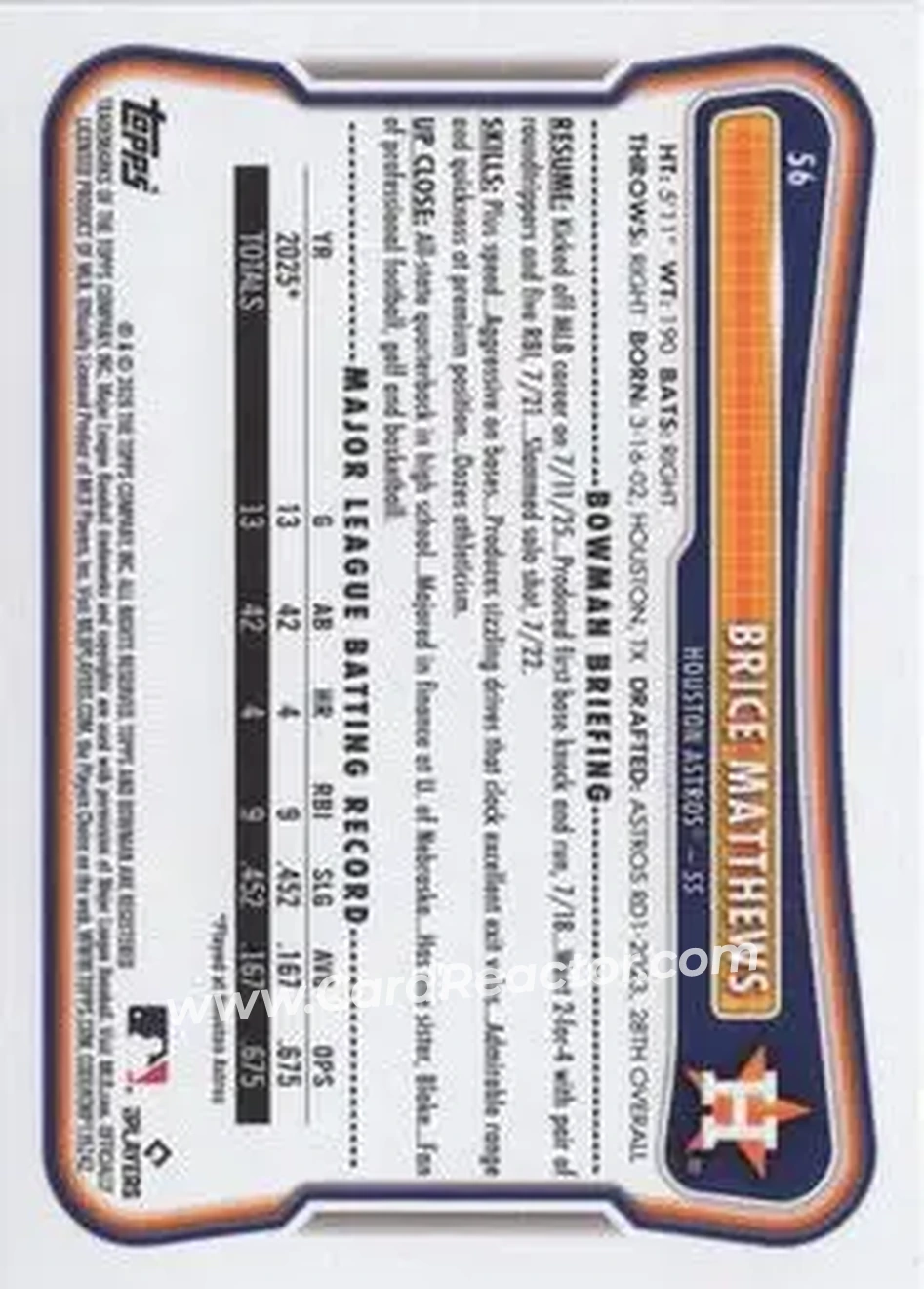 2026 Bowman - Purple #56 - Brice Matthews - Houston Astros - Back