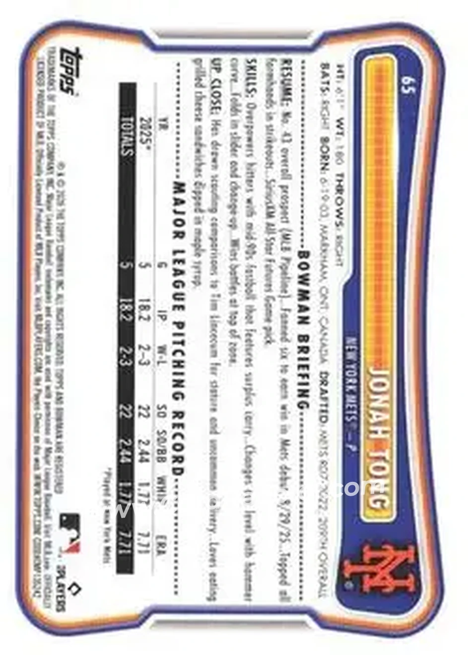 2026 Bowman - Purple #65 - Jonah Tong - New York Mets - Back