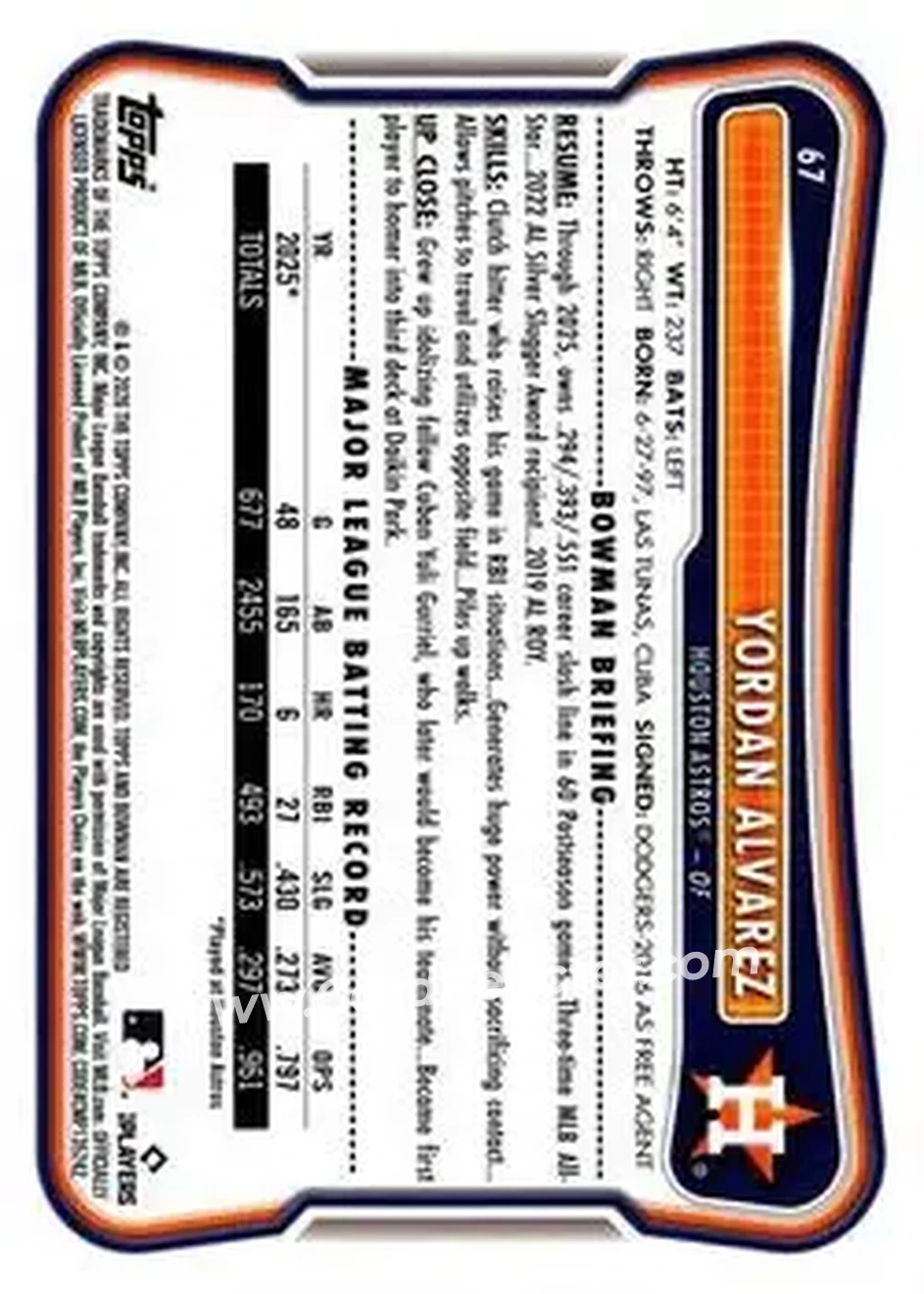 2026 Bowman - Purple #67 - Yordan Alvarez - Houston Astros - Back