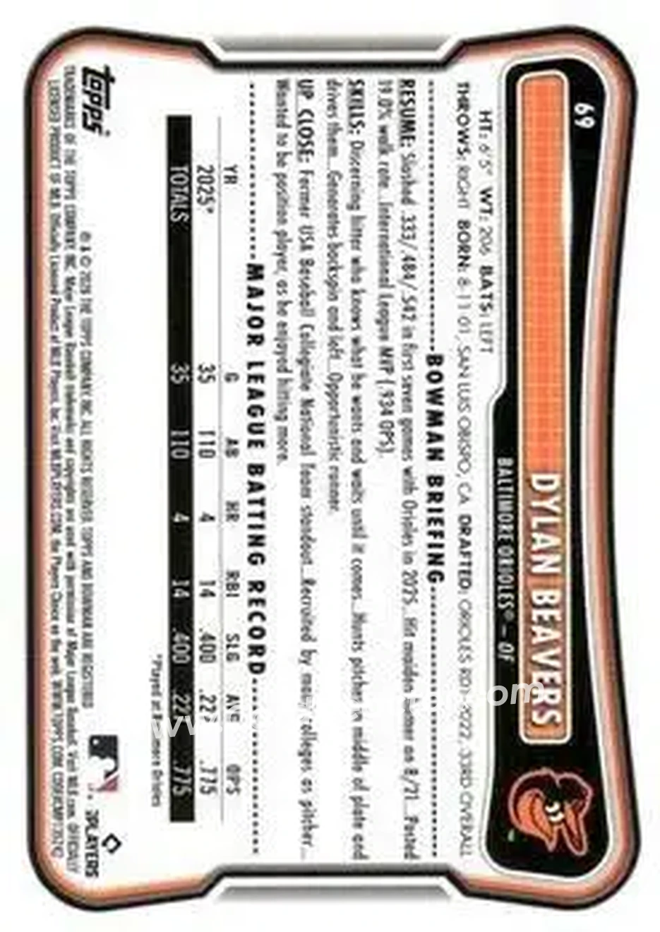 2026 Bowman - Purple #69 - Dylan Beavers - Baltimore Orioles - Back