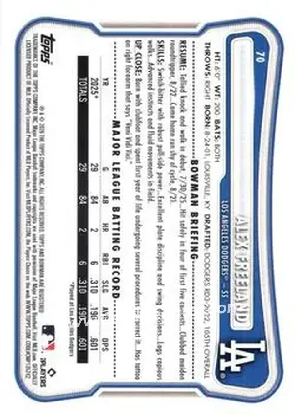 2026 Bowman - Purple #70 - Alex Freeland - Los Angeles Dodgers - Back