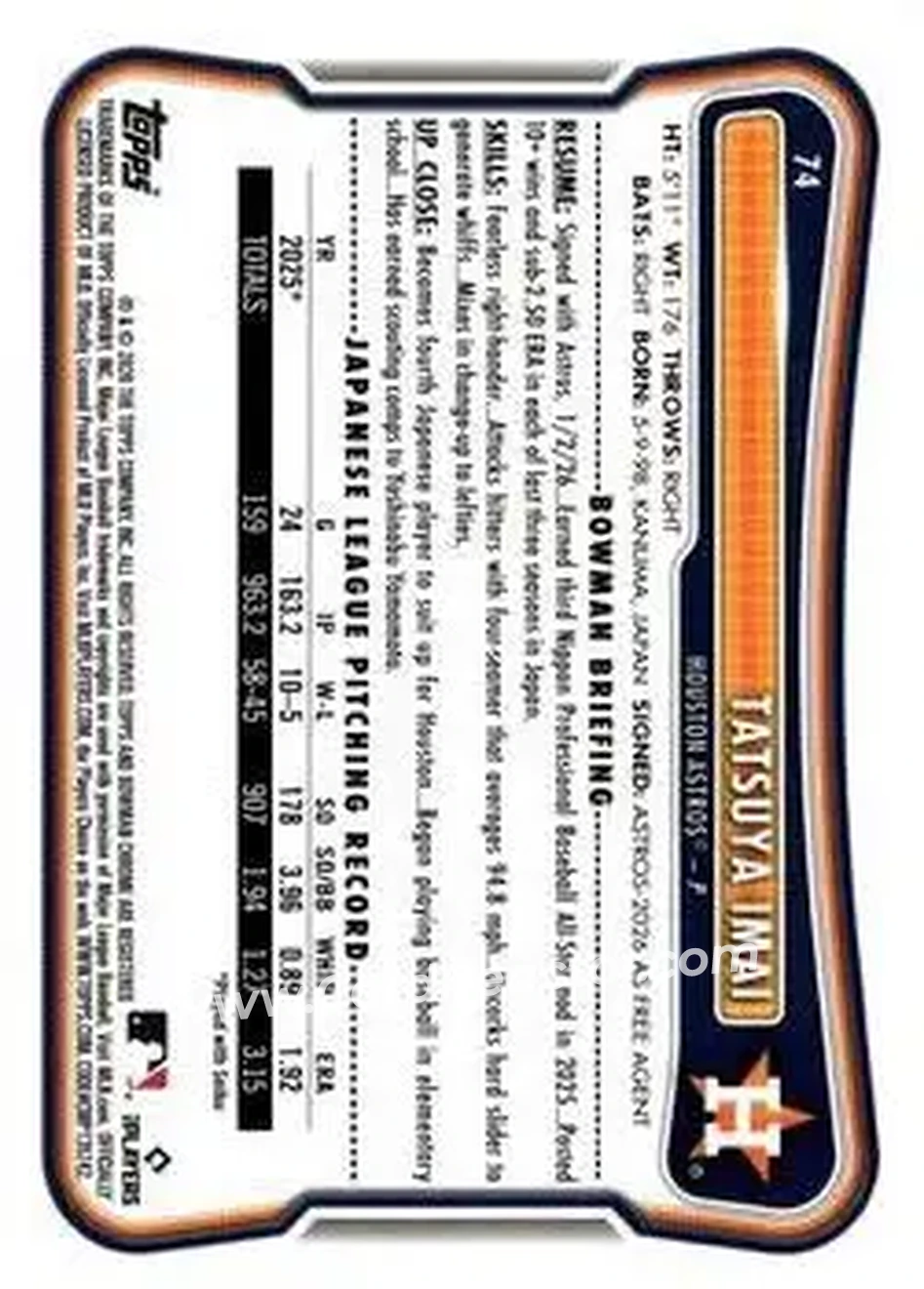2026 Bowman - Purple #74 - Tatsuya Imai - Houston Astros - Back