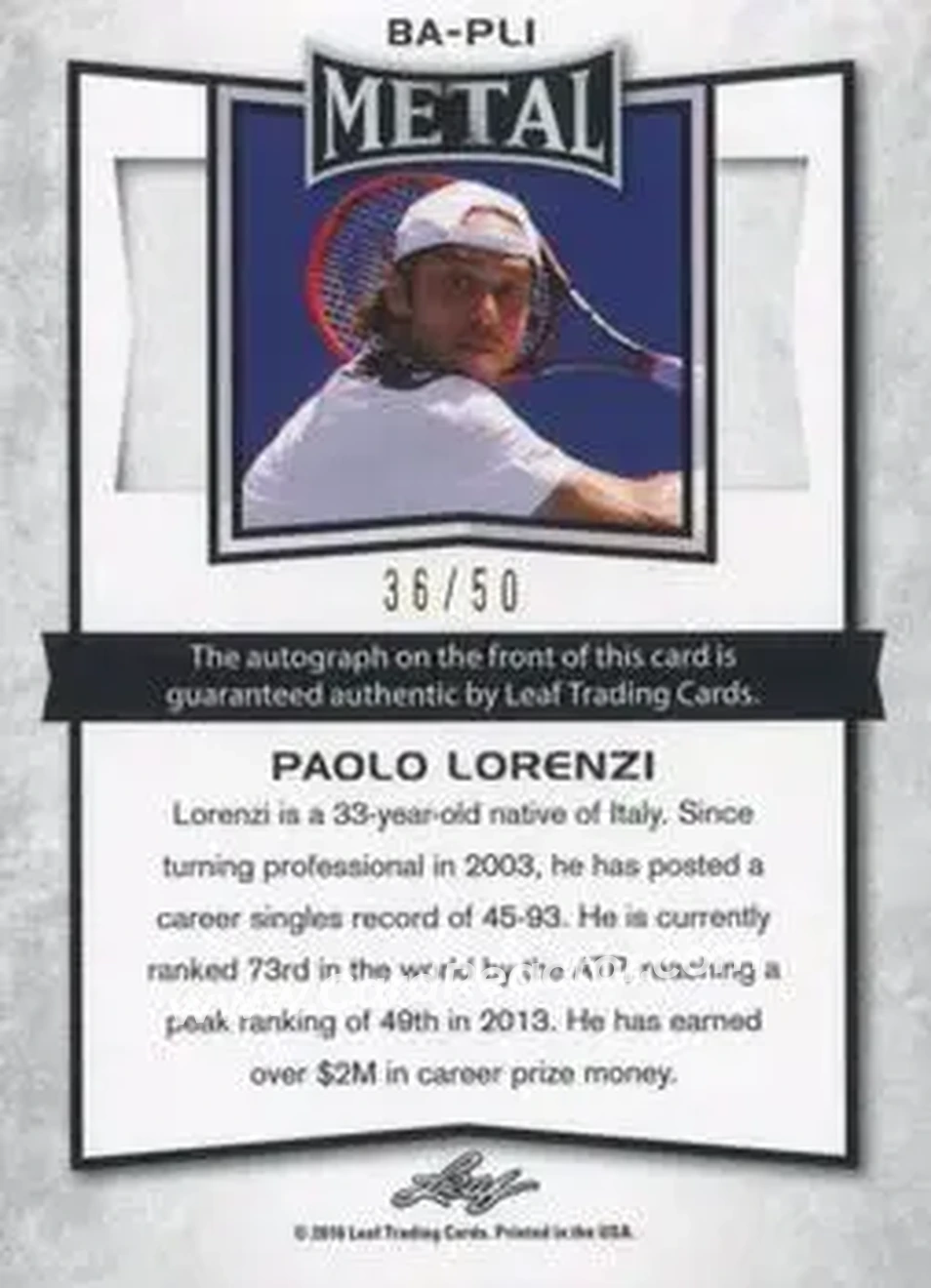 2016 Leaf Metal - Autographs Blue #BA-PL1 - Paolo Lorenzi - Back