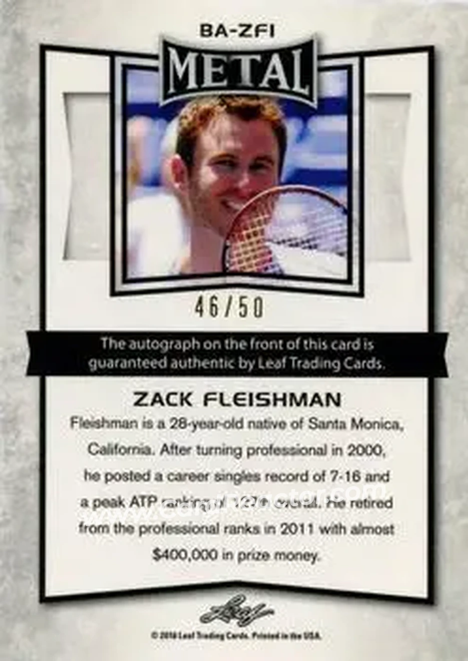 2016 Leaf Metal - Autographs Blue #BA-ZF1 - Zack Fleishman - Back