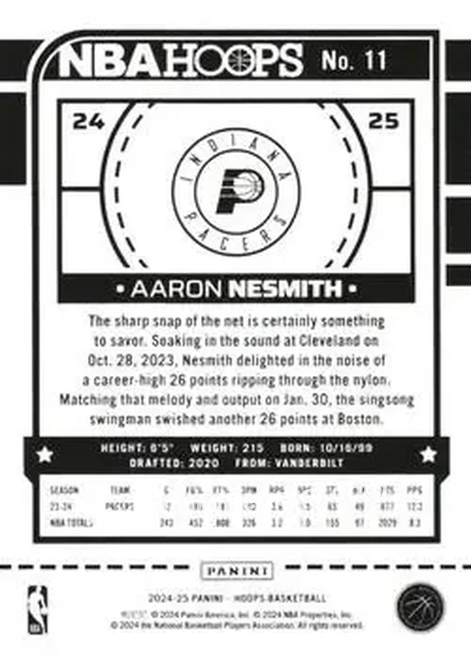 2024-25 Hoops #11 - Aaron Nesmith - Indiana Pacers - Back