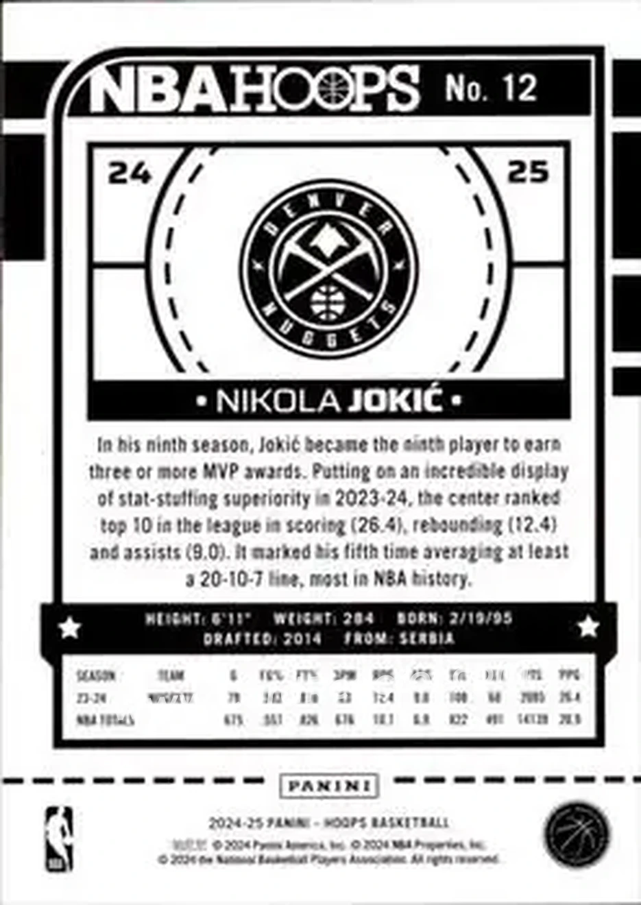 2024-25 Hoops #12 - Nikola Jokić - Denver Nuggets - Back 2024-25 Hoops #12 - Nikola Jokić - Denver Nuggets - Back