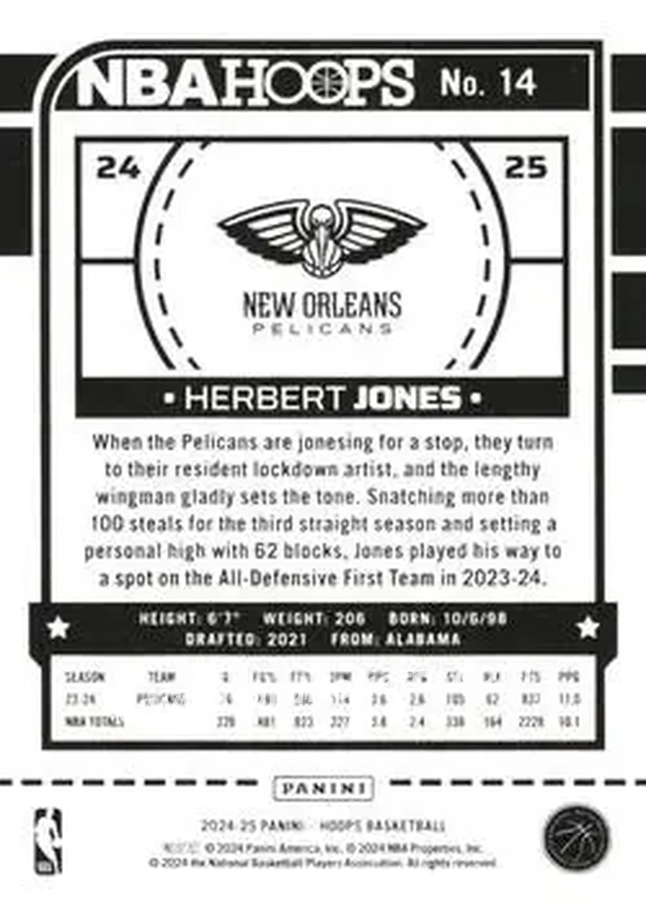 2024-25 Hoops #14 - Herbert Jones - New Orleans Pelicans - Back 2024-25 Hoops #14 - Herbert Jones - New Orleans Pelicans - Back