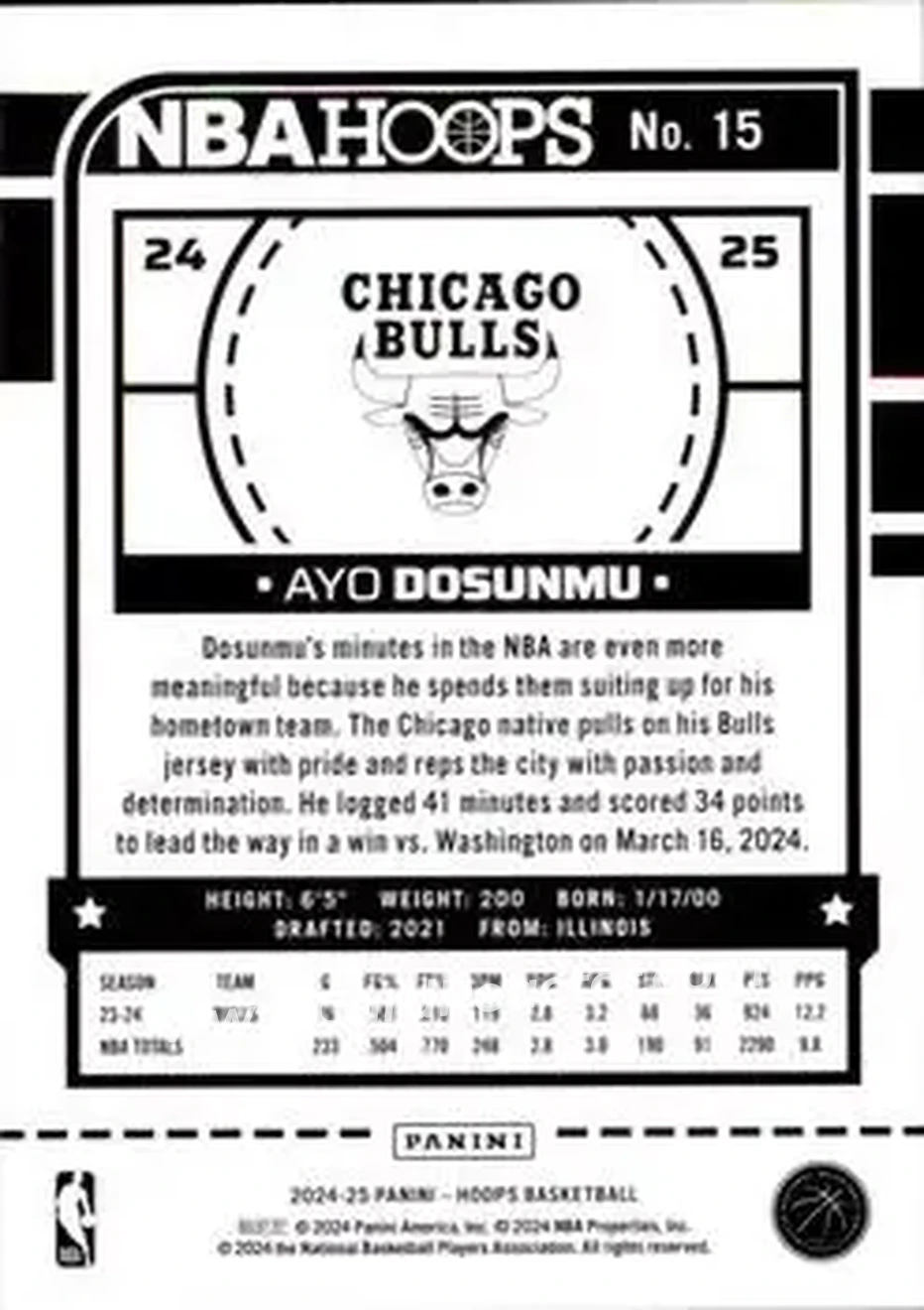 2024-25 Hoops #15 - Ayo Dosunmu - Chicago Bulls - Back 2024-25 Hoops #15 - Ayo Dosunmu - Chicago Bulls - Back