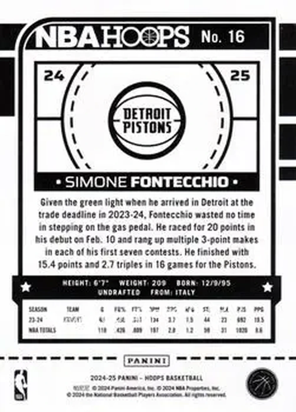 2024-25 Hoops #16 - Simone Fontecchio - Detroit Pistons - Back