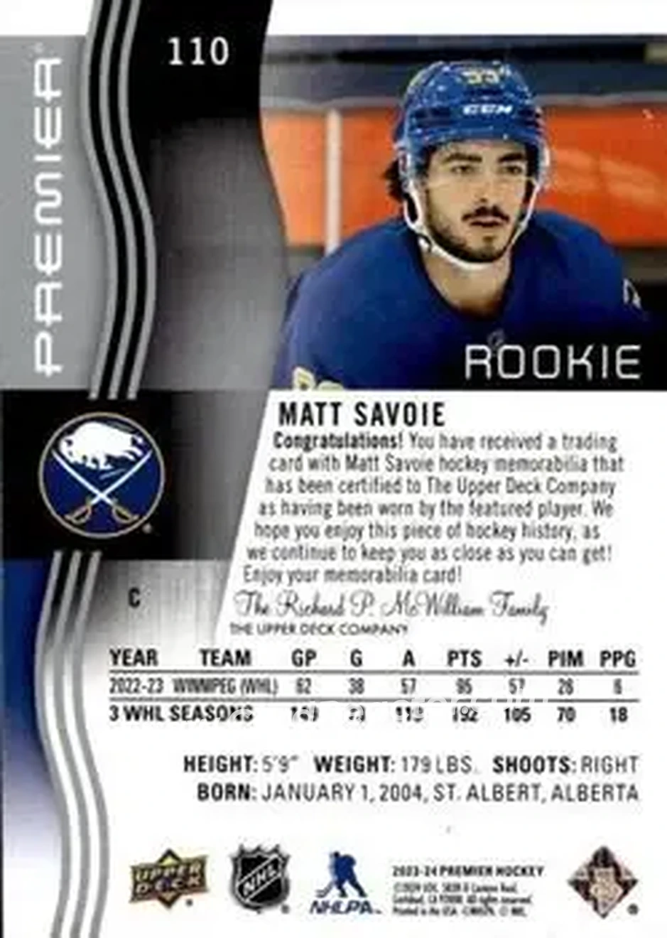 2023-24 Upper Deck Premier - Memorabilia Jersey #110 - Matt Savoie - Buffalo Sabres - Back