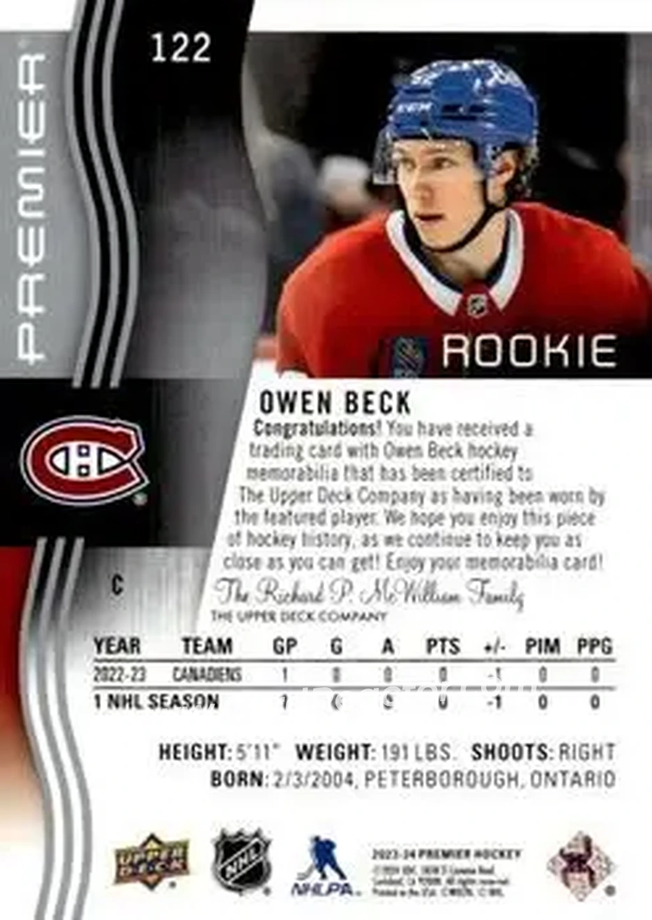2023-24 Upper Deck Premier - Memorabilia Jersey #122 - Owen Beck - Montreal Canadiens - Back