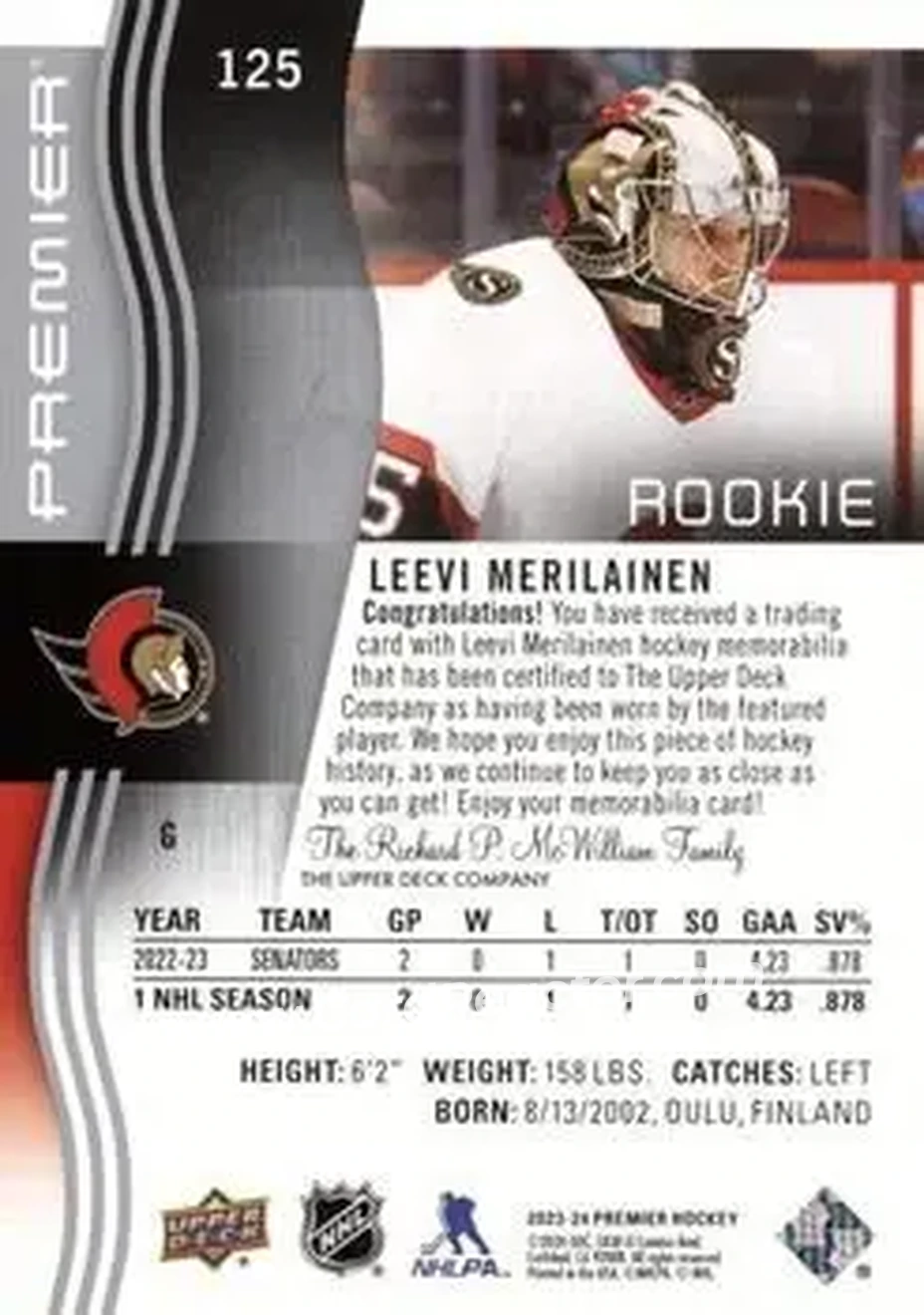 2023-24 Upper Deck Premier - Memorabilia Jersey #125 - Leevi Merilainen - Ottawa Senators - Back 2023-24 Upper Deck Premier - Memorabilia Jersey #125 - Leevi Merilainen - Ottawa Senators - Back