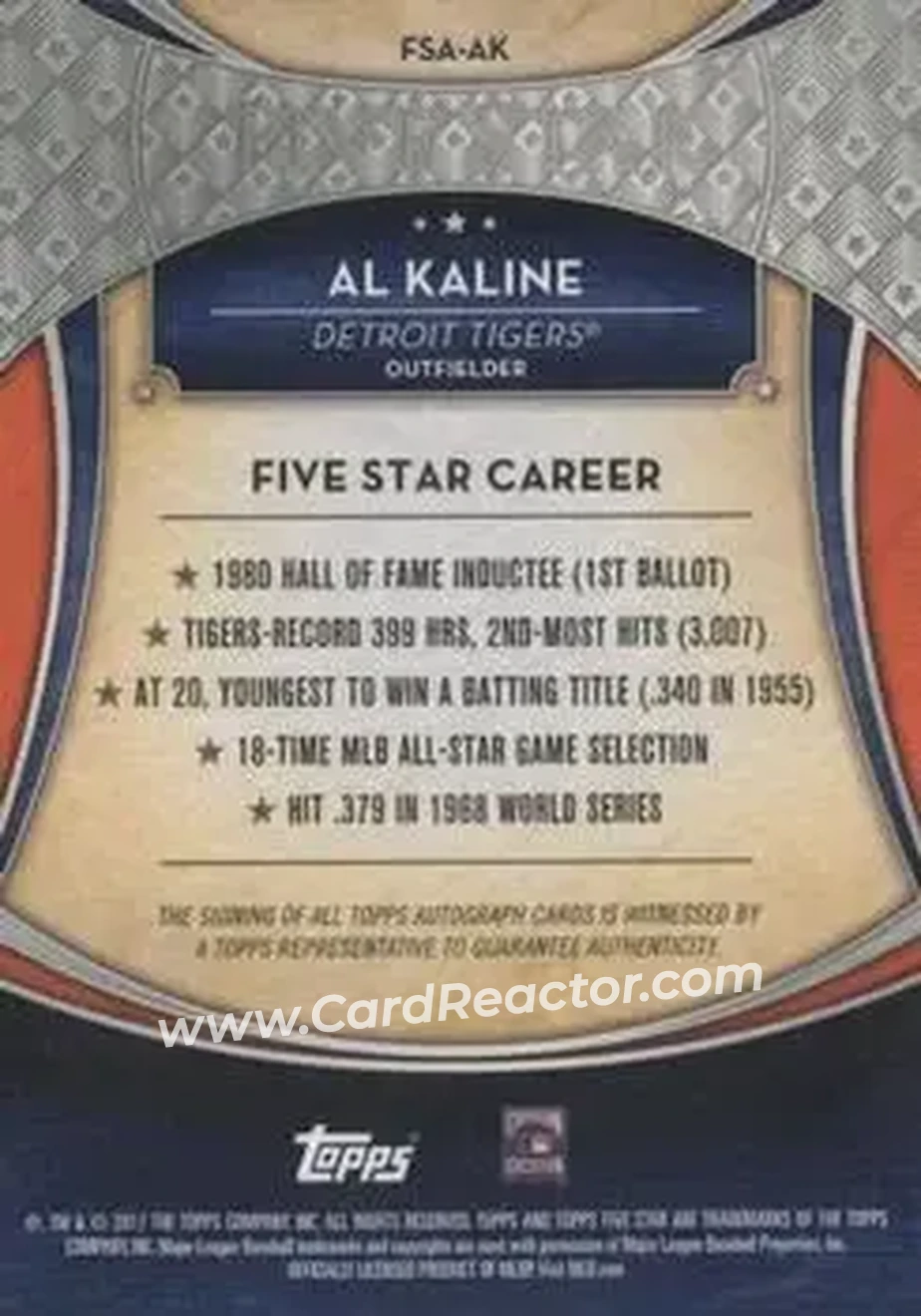 2017 Topps Five Star - Base Autograph Purple #FSA-AK - Al Kaline - Detroit Tigers - Back