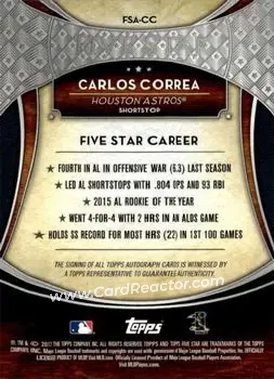 2017 Topps Five Star - Base Autograph Purple #FSA-CC - Carlos Correa - Houston Astros - Back