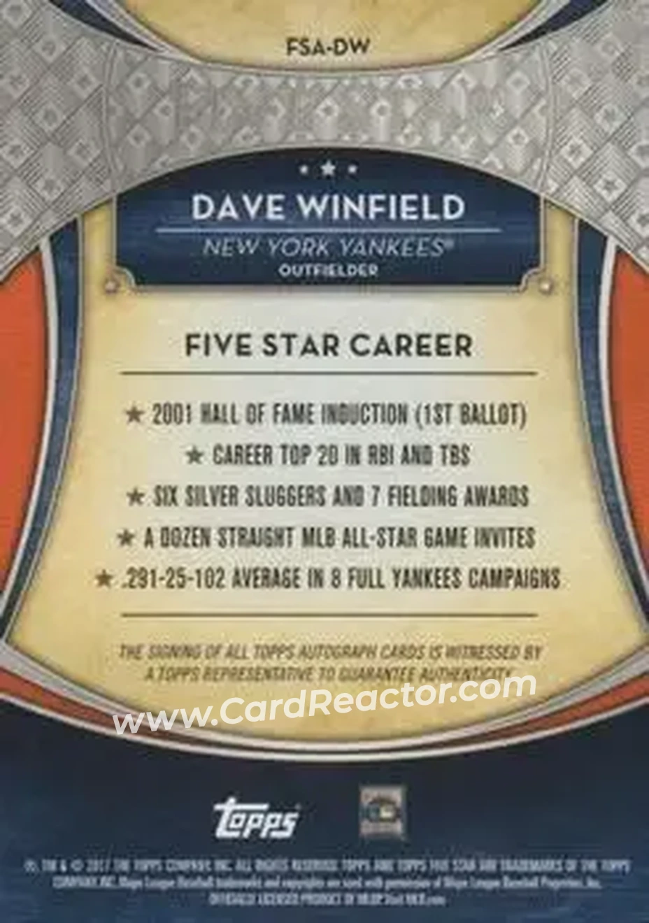 2017 Topps Five Star - Base Autograph Purple #FSA-DW - Dave Winfield - New York Yankees - Back 2017 Topps Five Star - Base Autograph Purple #FSA-DW - Dave Winfield - New York Yankees - Back