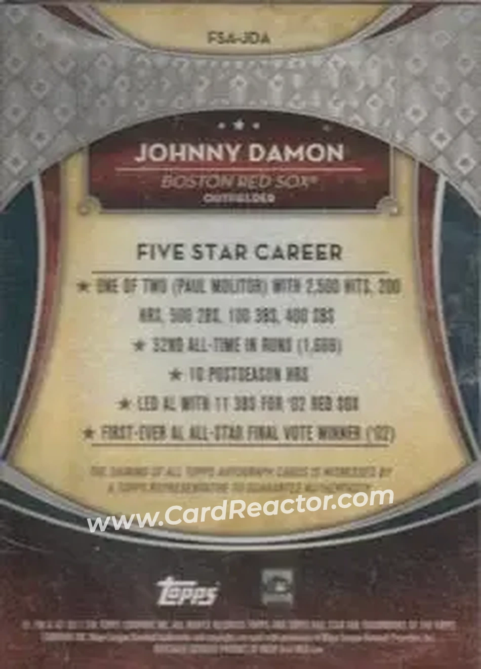2017 Topps Five Star - Base Autograph Purple #FSA-JDA - Johnny Damon - Boston Red Sox - Back