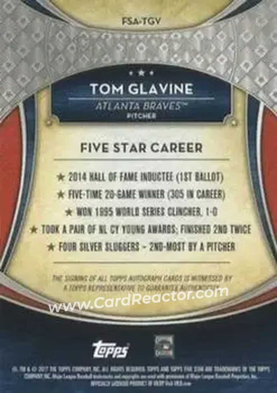 2017 Topps Five Star - Base Autograph Green #FSA-TGV - Tom Glavine - Atlanta Braves - Back