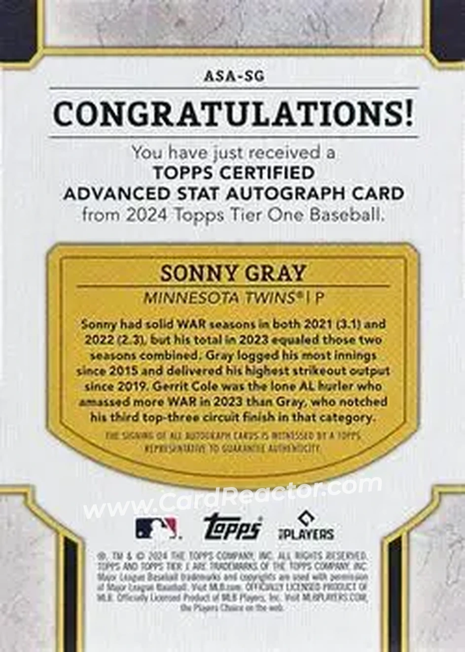 2024 Topps Tier One - Advanced Stats Stars Autographs #ASA-SG - Sonny Gray - Minnesota Twins - Back