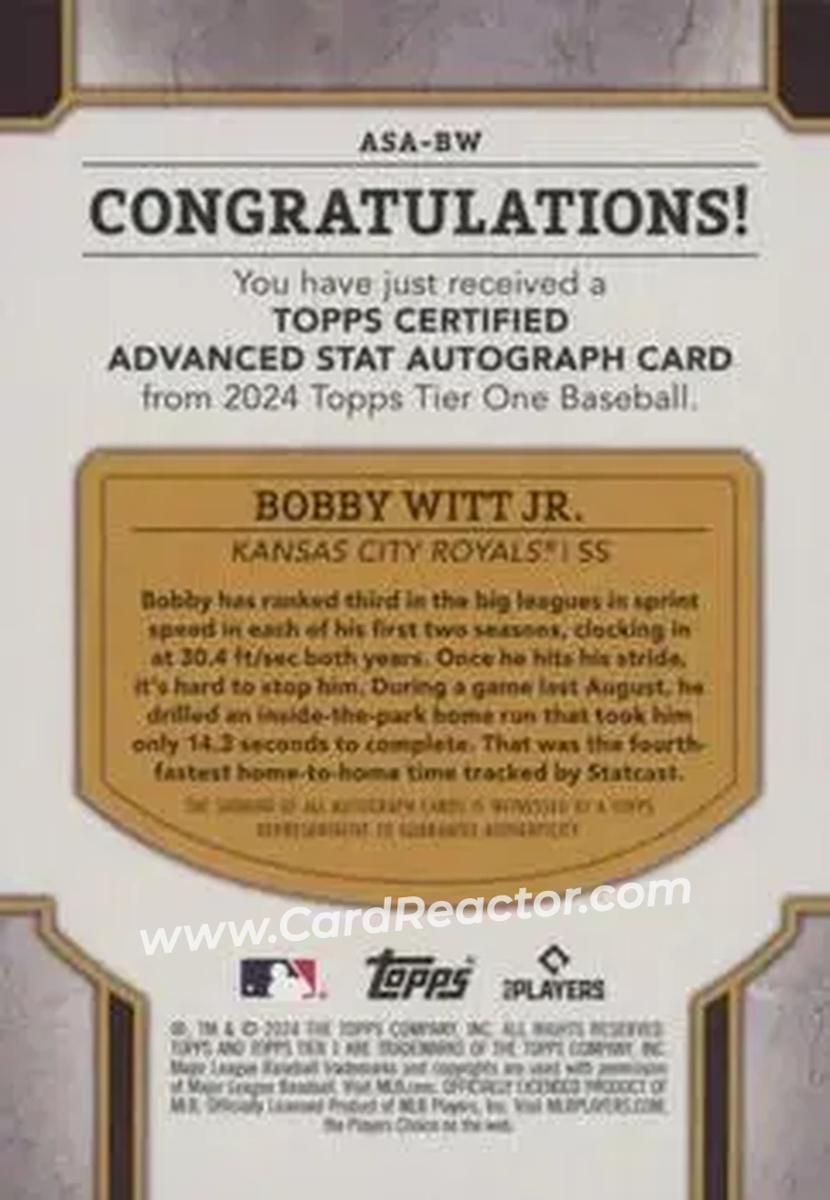 2024 Topps Tier One - Advanced Stats Stars Autographs Blue Foil #ASA-BW - Bobby Witt Jr. - Kansas City Royals - Back