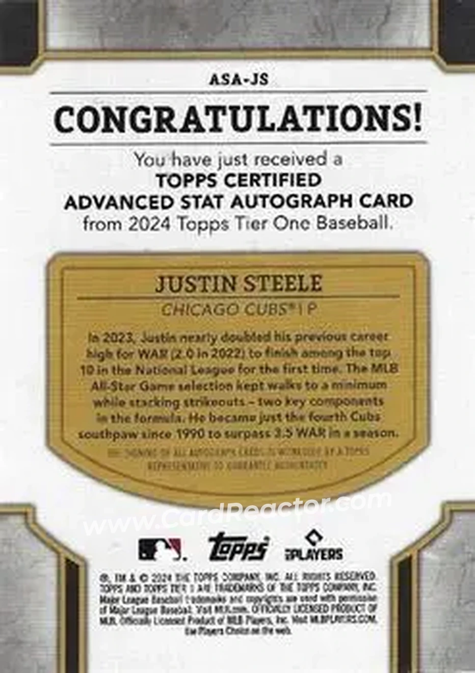 2024 Topps Tier One - Advanced Stats Stars Autographs Blue Foil #ASA-JS - Justin Steele - Chicago Cubs - Back 2024 Topps Tier One - Advanced Stats Stars Autographs Blue Foil #ASA-JS - Justin Steele - Chicago Cubs - Back
