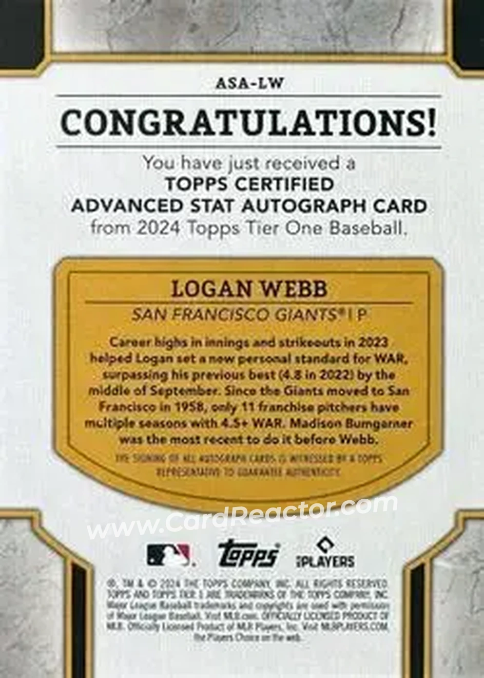 2024 Topps Tier One - Advanced Stats Stars Autographs Red Foil #ASA-LW - Logan Webb - San Francisco Giants - Back 2024 Topps Tier One - Advanced Stats Stars Autographs Red Foil #ASA-LW - Logan Webb - San Francisco Giants - Back