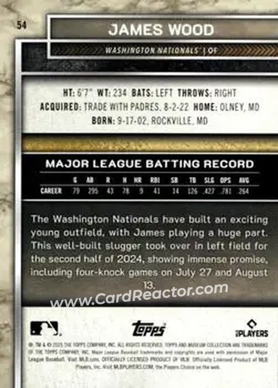 2025 Topps Museum Collection - Bronze #54 - James Wood - Washington Nationals - Back