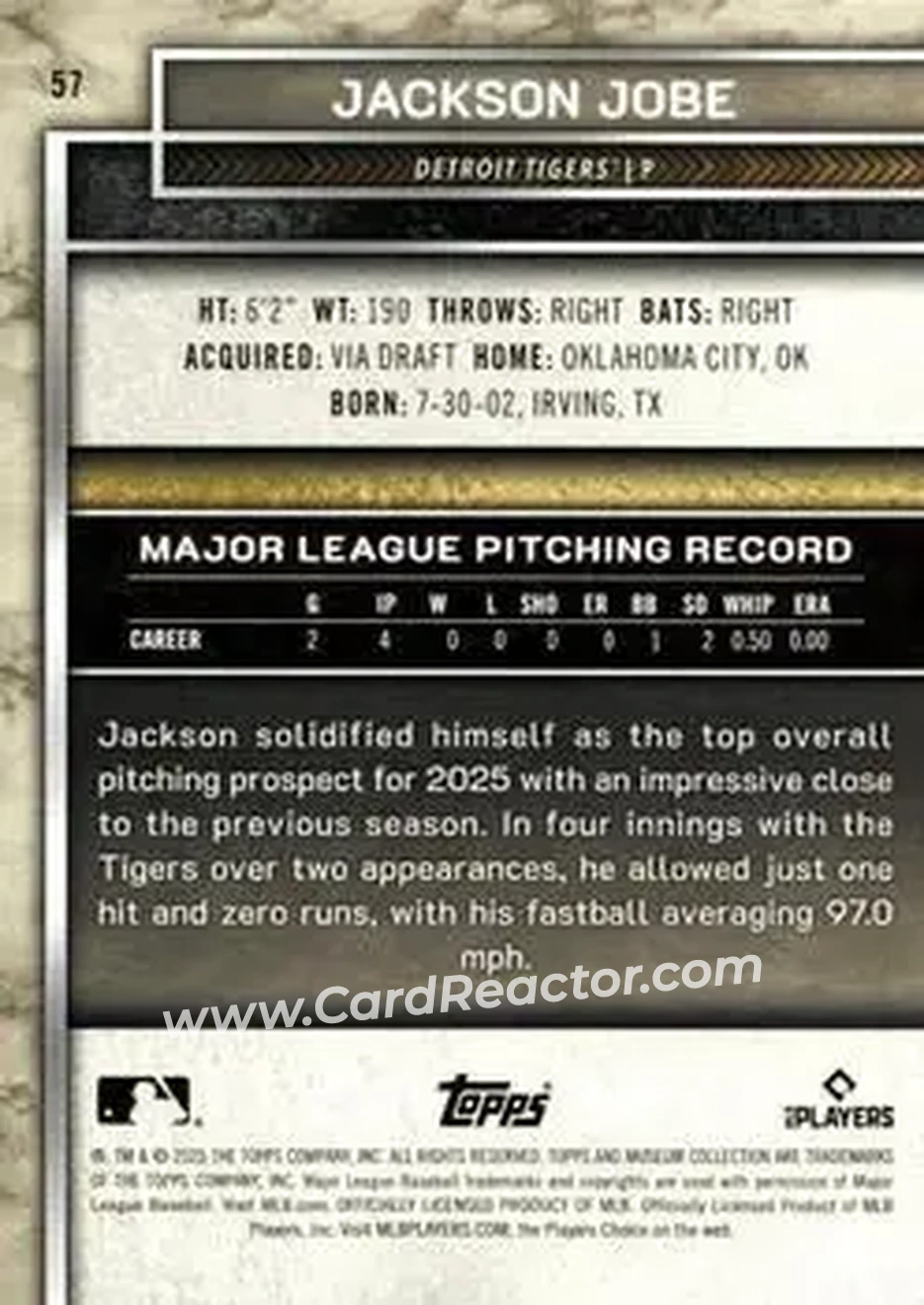 2025 Topps Museum Collection - Bronze #57 - Jackson Jobe - Detroit Tigers - Back