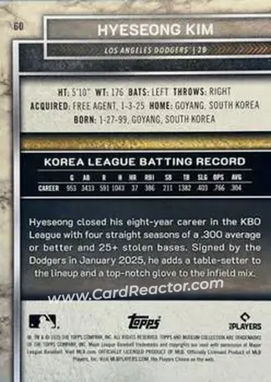 2025 Topps Museum Collection - Bronze #60 - Hyeseong Kim - Los Angeles Dodgers - Back 2025 Topps Museum Collection - Bronze #60 - Hyeseong Kim - Los Angeles Dodgers - Back