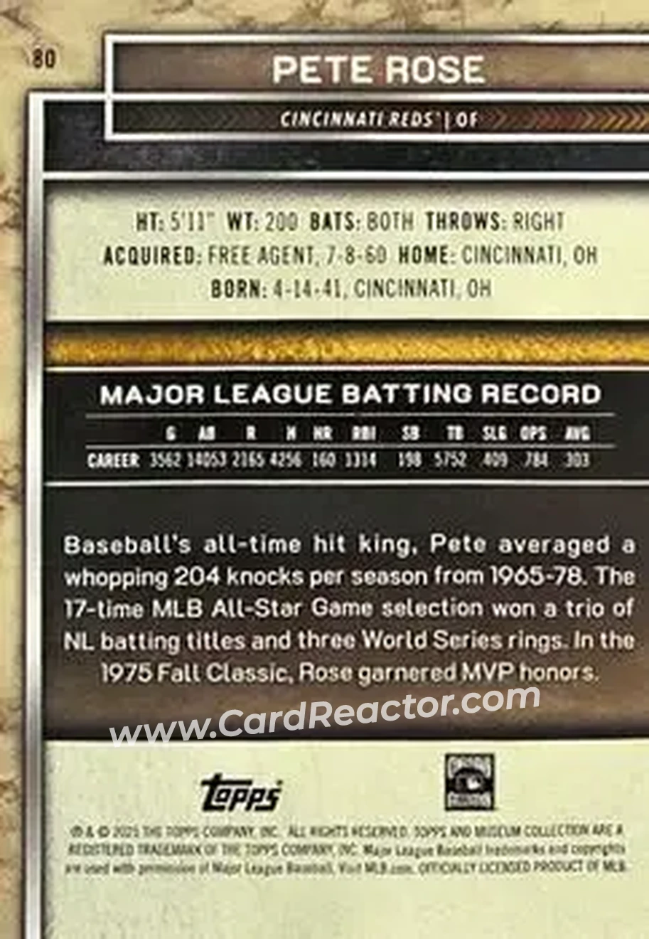 2025 Topps Museum Collection - Bronze #80 - Pete Rose - Cincinnati Reds - Back