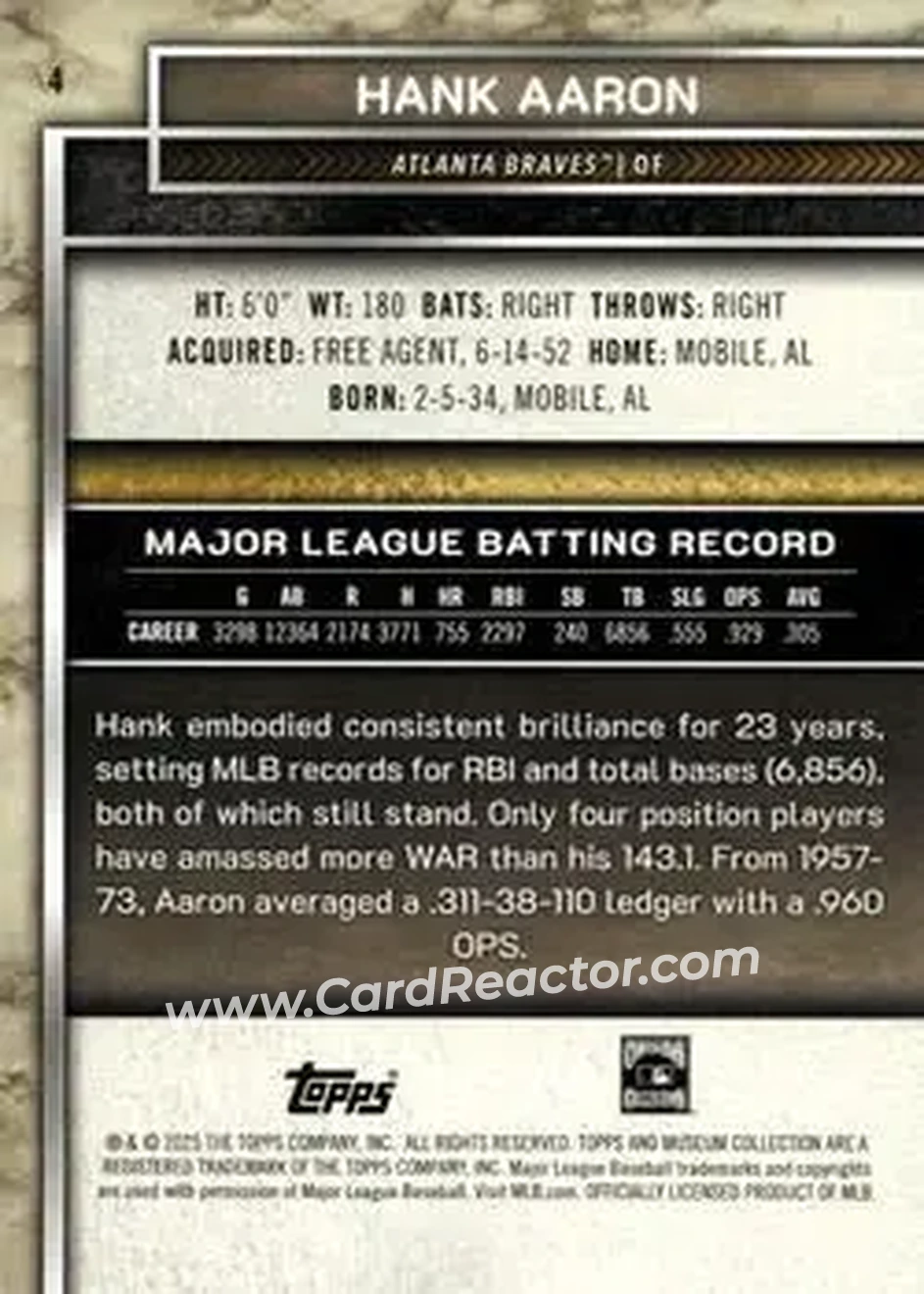 2025 Topps Museum Collection - Blue Topaz #4 - Hank Aaron - Atlanta Braves - Back
