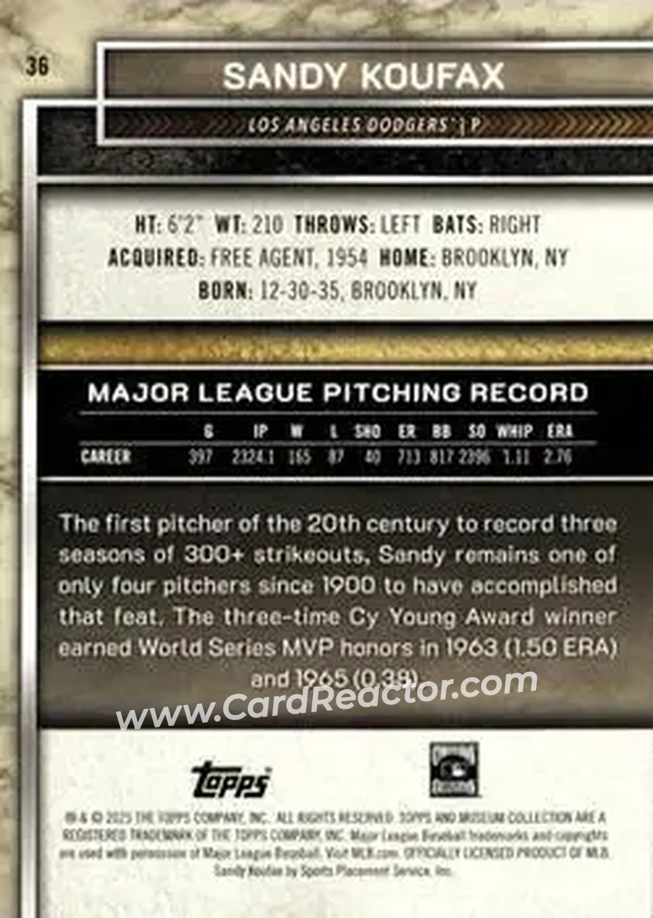 2025 Topps Museum Collection - Blue Topaz #36 - Sandy" Koufax - Los Angeles Dodgers - Back