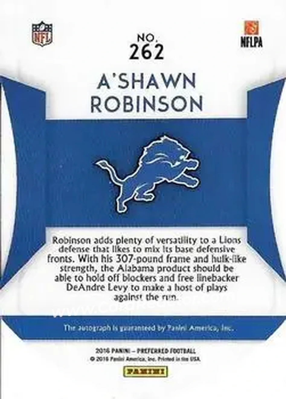 2016 Panini Preferred #262 - A'Shawn Robinson - Detroit Lions - Back