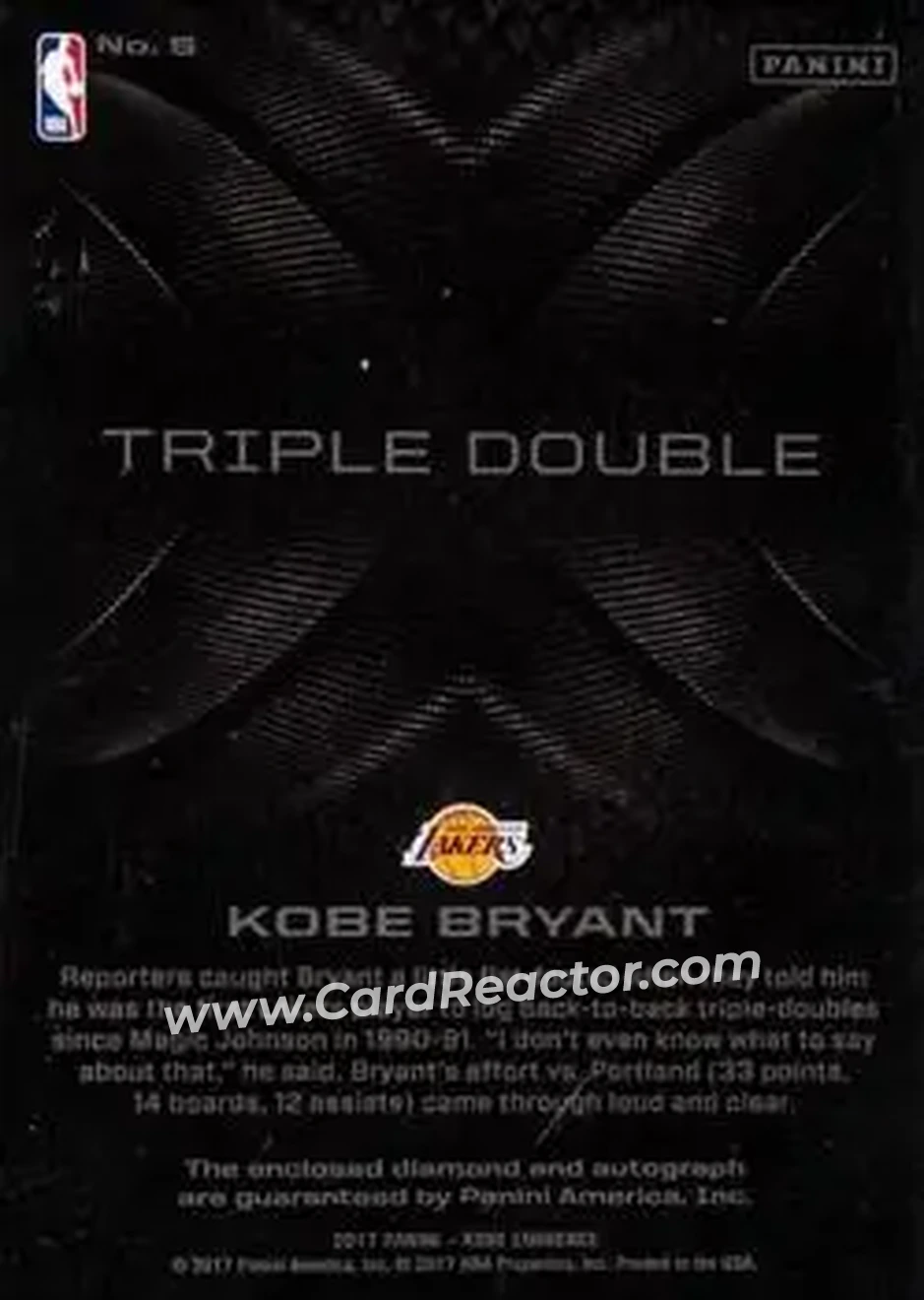 2017-18 Panini Kobe Eminence - Triple Double Diamond Autographs #5 - Kobe Bryant - Los Angeles Lakers - Back
