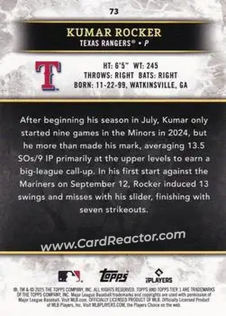 2025 Topps Tier One - Holo Gold Foil #73 - Kumar Rocker - Texas Rangers - Back
