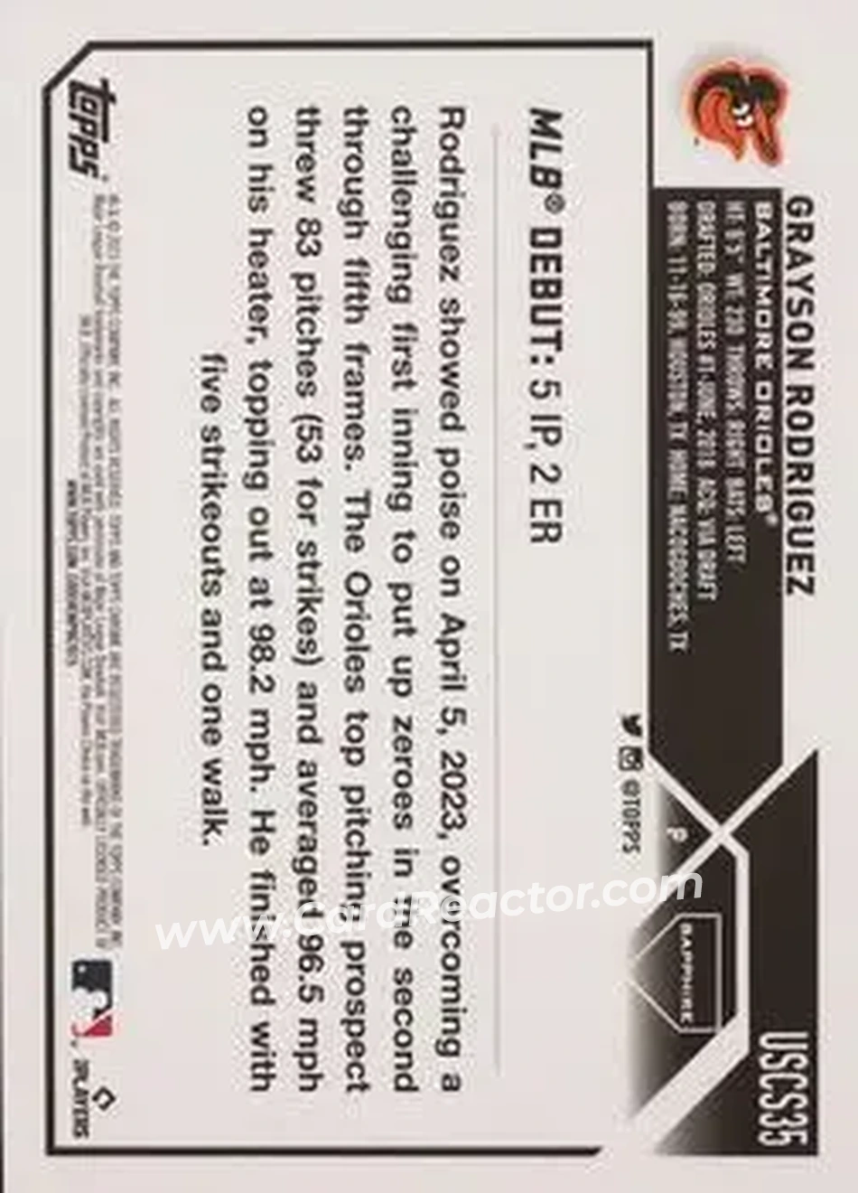2023 Topps Chrome Update Sapphire Edition - Black #USCS35 - Grayson Rodriguez - Baltimore Orioles - Back 2023 Topps Chrome Update Sapphire Edition - Black #USCS35 - Grayson Rodriguez - Baltimore Orioles - Back