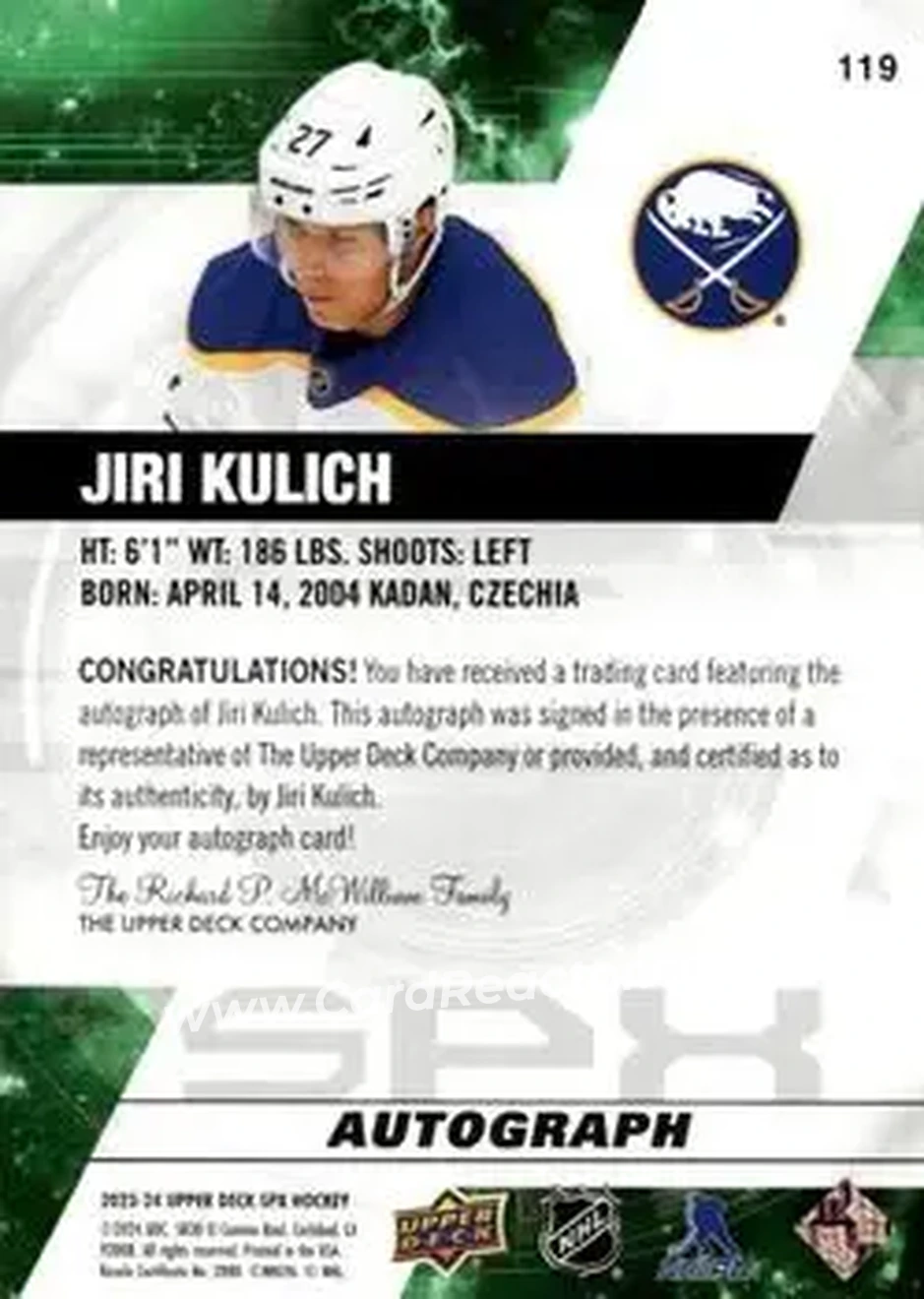 2023-24 SPx - Autographs #119 - Jiri Kulich - Buffalo Sabres - Back